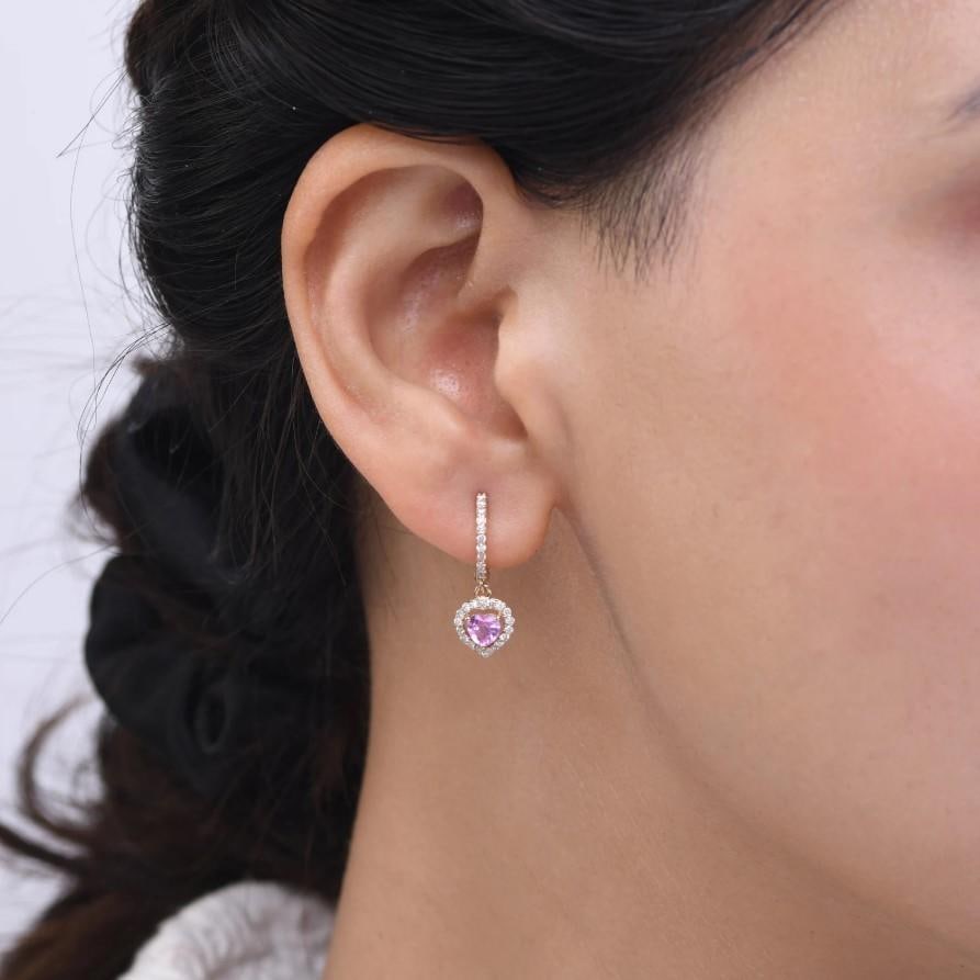 0.68 cts Natural pink sapphire & 0.28 diamond earrings in 14k gold - 8