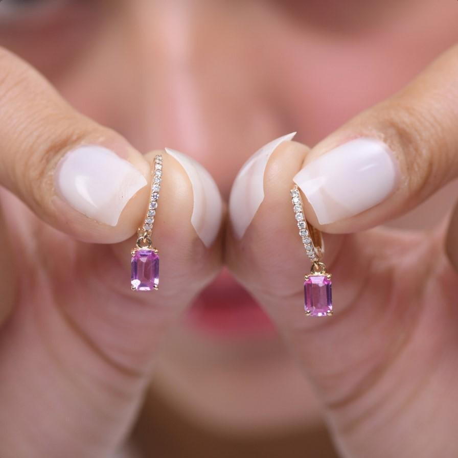 1.40 cts Natural pink sapphire & 0.14 cts diamond earrings in 14k gold - 10