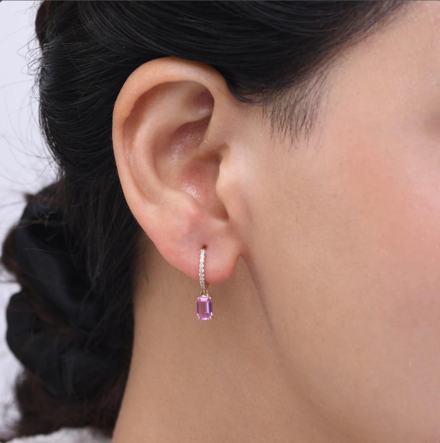 1.40 cts Natural pink sapphire & 0.14 cts diamond earrings in 14k gold - 11