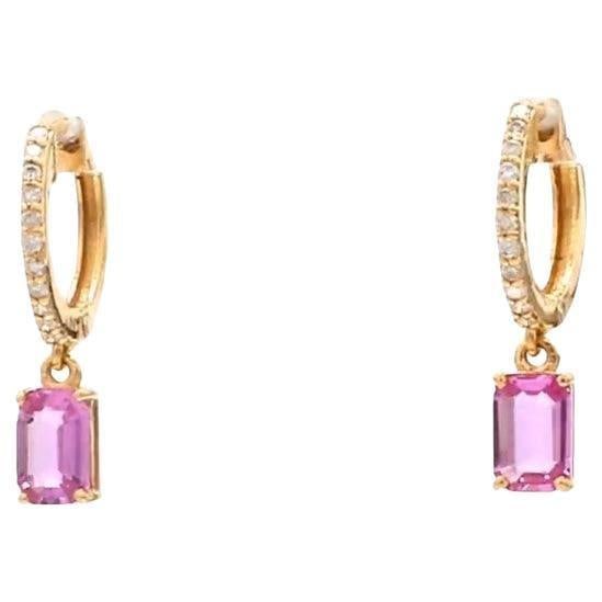 1.40 cts Natural pink sapphire & 0.14 cts diamond earrings in 14k gold - 15