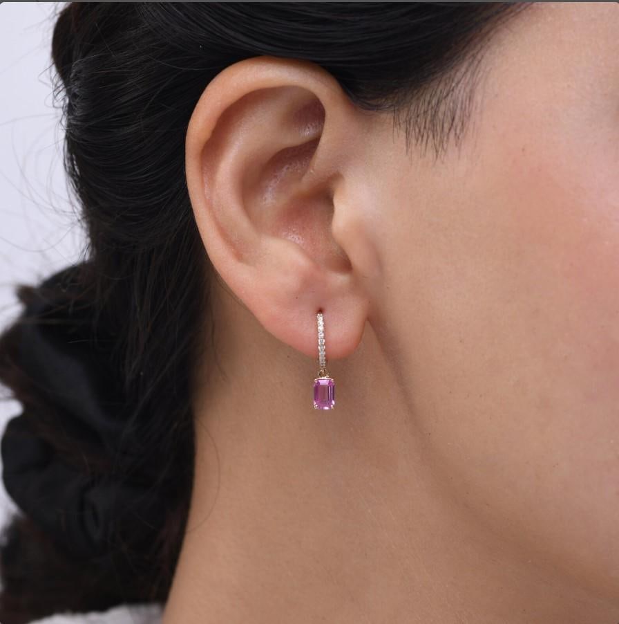 1.40 cts Natural pink sapphire & 0.14 cts diamond earrings in 14k gold - 4