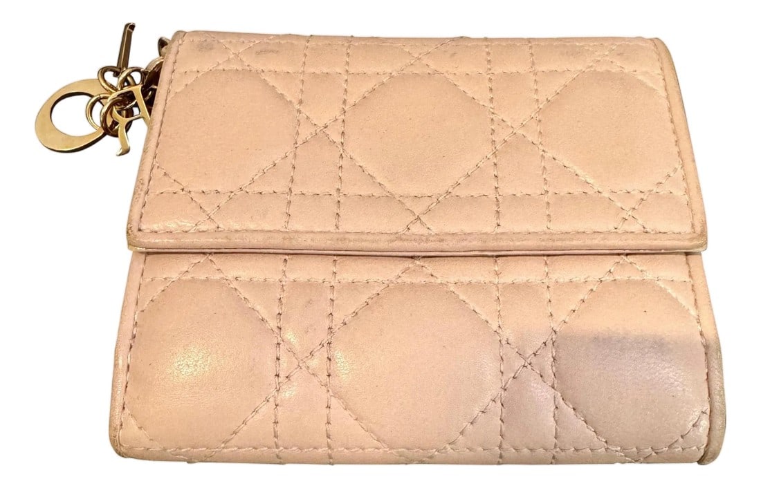 Christian Dior lady Dior Mini wallet, Cream / Beige: DIOR Lady Dior Mini Wallet AUTHENTIC LADY DIOR MINI WALLET in beige colored lambskin with Cannage stitching. This beautiful wallet while mini is spacious. It includes a detachable DIOR charm, 8 card