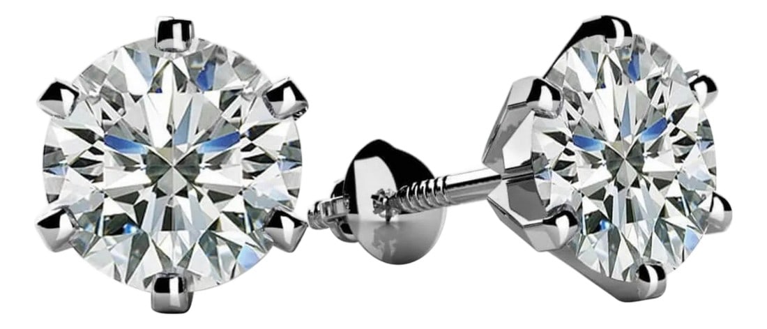 1.0 Carat Diamond Solitaire Stud Earrings 6 Prongs Screw Back 18 Kt White Gold: A sweet, shimmery style for any day of the week. These stud earrings 50 pointer Solitaire round brilliant-cut diamonds. Set in 18 kt White gold. Post, Screw back diamond stud earrings. Best For Every