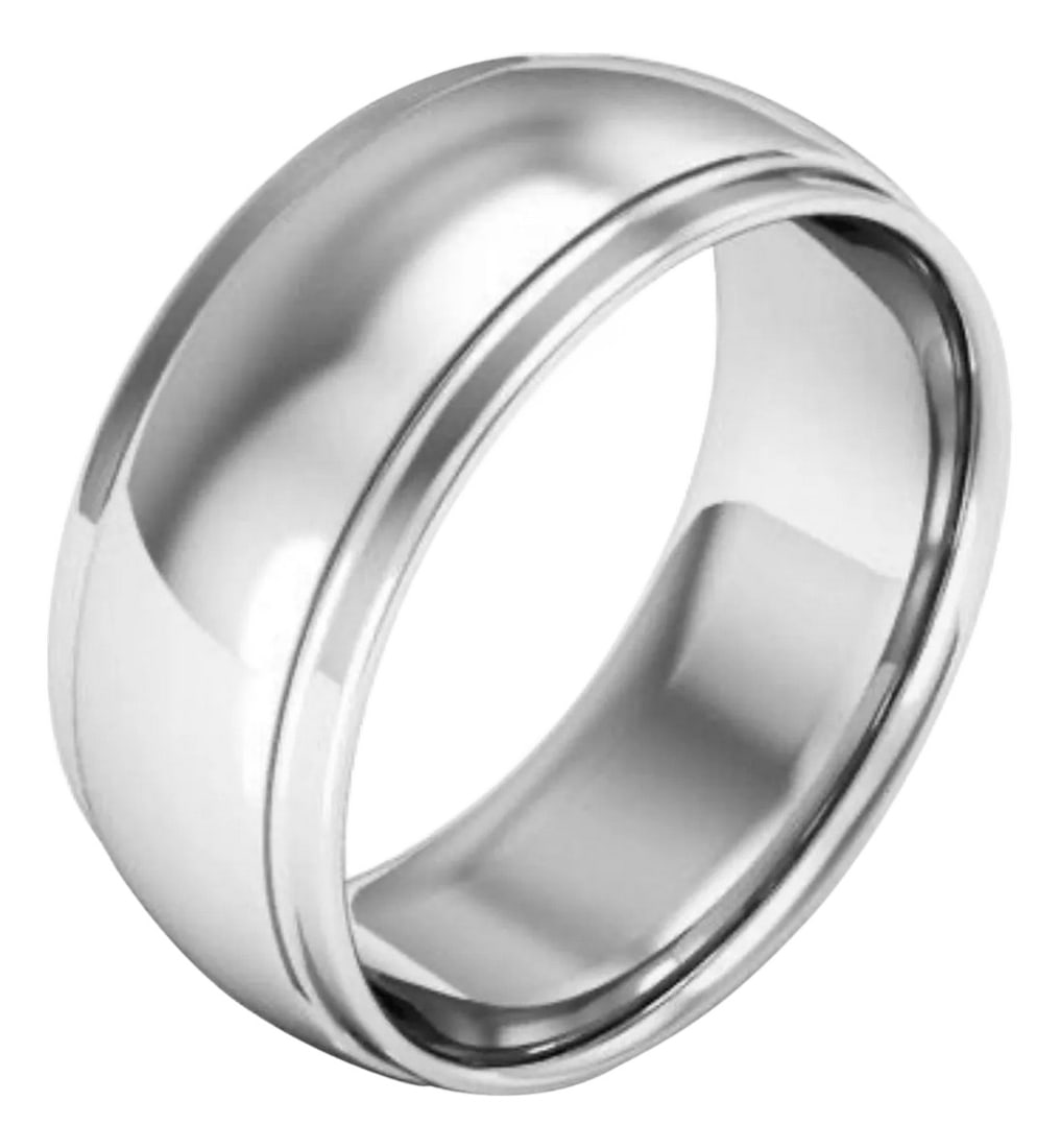 14 Karat White Gold Half Round Edge Wedding Band, Estate: 14 Karat White Gold Half Round Edge Wedding Band, 9 mm wide Estate, Size 11 This timeless style has the slight domed band.Quality craftsmanship makes this long lasting band a great value. High Polish