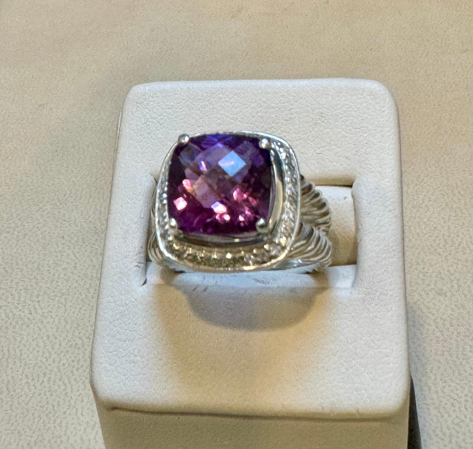 Estate DAVID YURMAN Sterling Silver Amethyst Ring With Diamonds size 7 - 10
