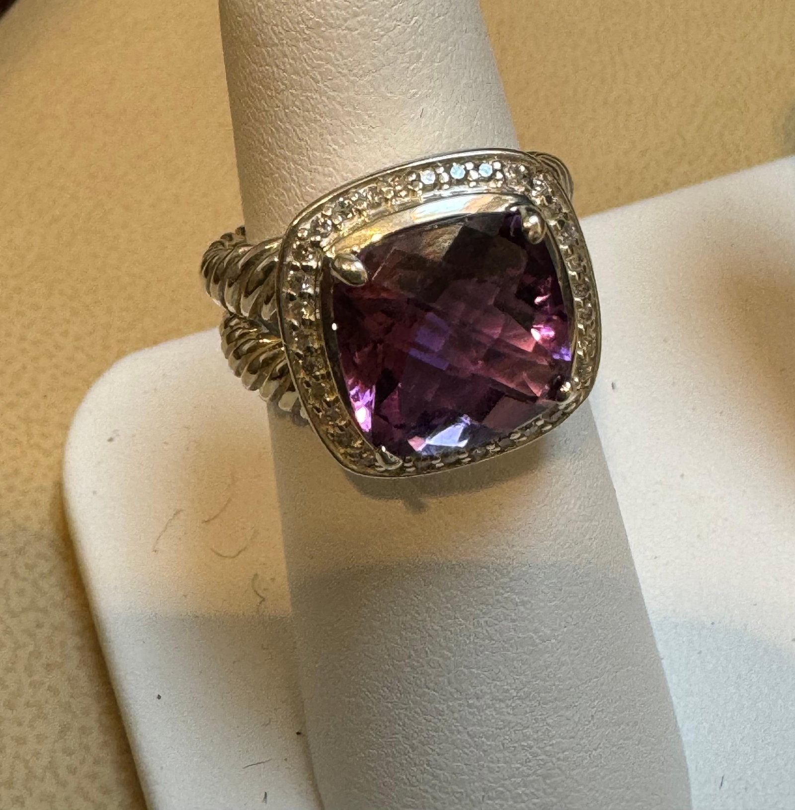Estate DAVID YURMAN Sterling Silver Amethyst Ring With Diamonds size 7 - 18