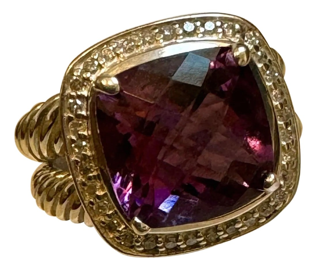 Estate DAVID YURMAN Sterling Silver Amethyst Ring With Diamonds size 7: An estate David Yurman Amethyst ring with diamond accents. Sterling silver This beautiful authentic ring is by David Yurman from the his Collection. Crafted from sterling silver featuring split cable