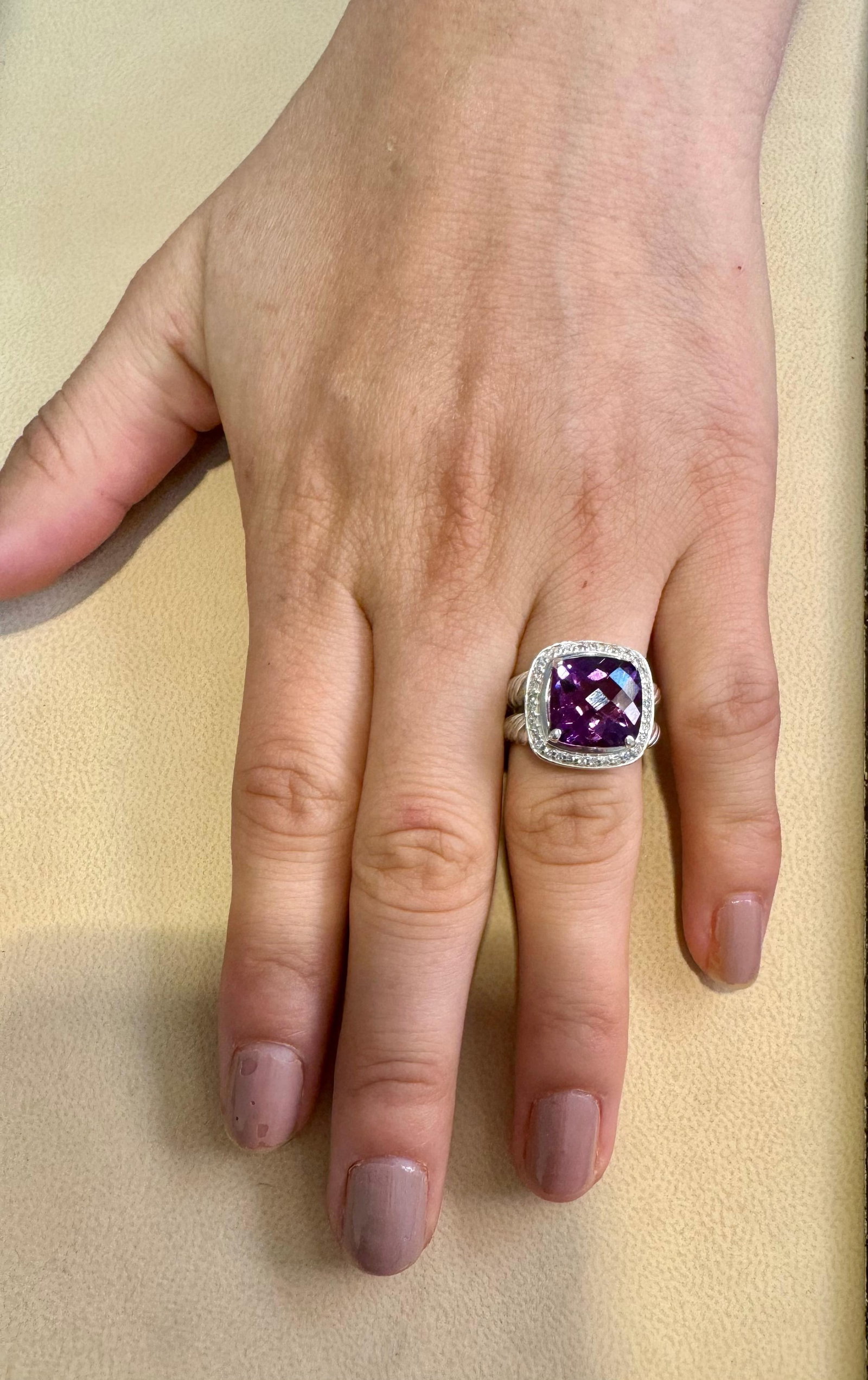 Estate DAVID YURMAN Sterling Silver Amethyst Ring With Diamonds size 7 - 8