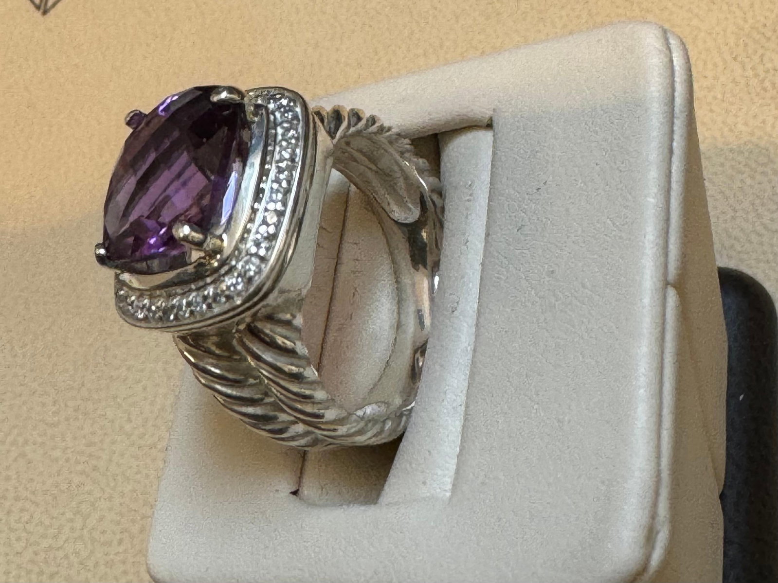 Estate DAVID YURMAN Sterling Silver Amethyst Ring With Diamonds size 7 - 9