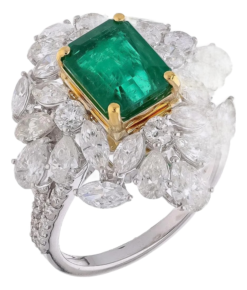 Natural Zambian Emerald Ring with Diamonds and 18k Gold: This is a wonderful natural Zambian Emerald ring. it has very high quality emeralds and very good quality diamonds ( vsi ) clarity and G Colour . Emerald: 2.54 carats diamonds : 3.77 carats gold :
