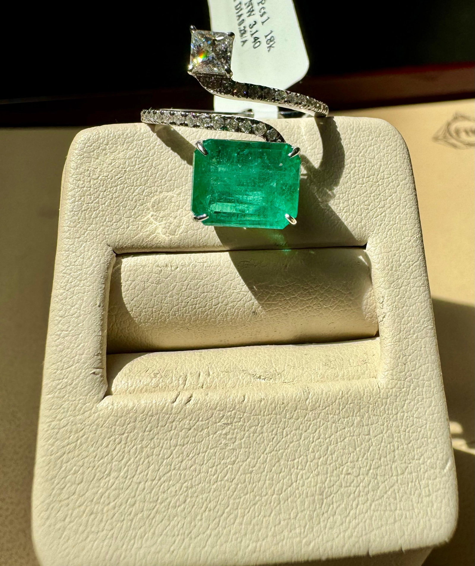 3.11 Ct Emerald Cut Emerald & 0.49 Ct Diamond Bypass Ring in 18 Kt Gold Size 6 - 11
