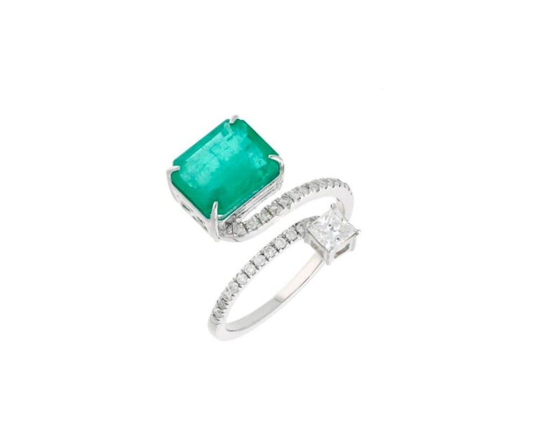 3.11 Ct Emerald Cut Emerald & 0.49 Ct Diamond Bypass Ring in 18 Kt Gold Size 6 - 12