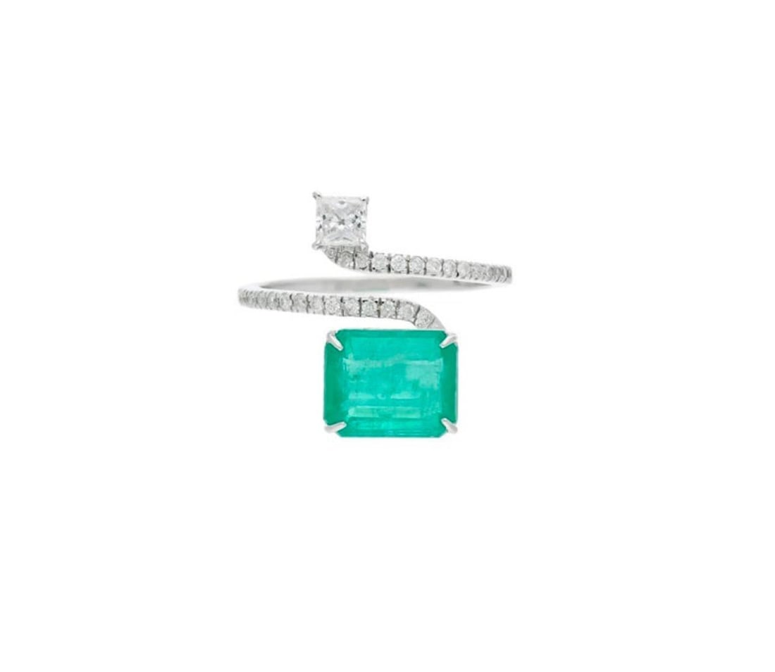 3.11 Ct Emerald Cut Emerald & 0.49 Ct Diamond Bypass Ring in 18 Kt Gold Size 6 - 14