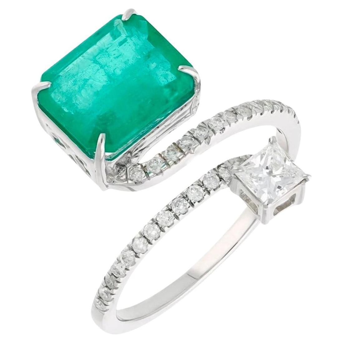 3.11 Ct Emerald Cut Emerald & 0.49 Ct Diamond Bypass Ring in 18 Kt Gold Size 6 - 15