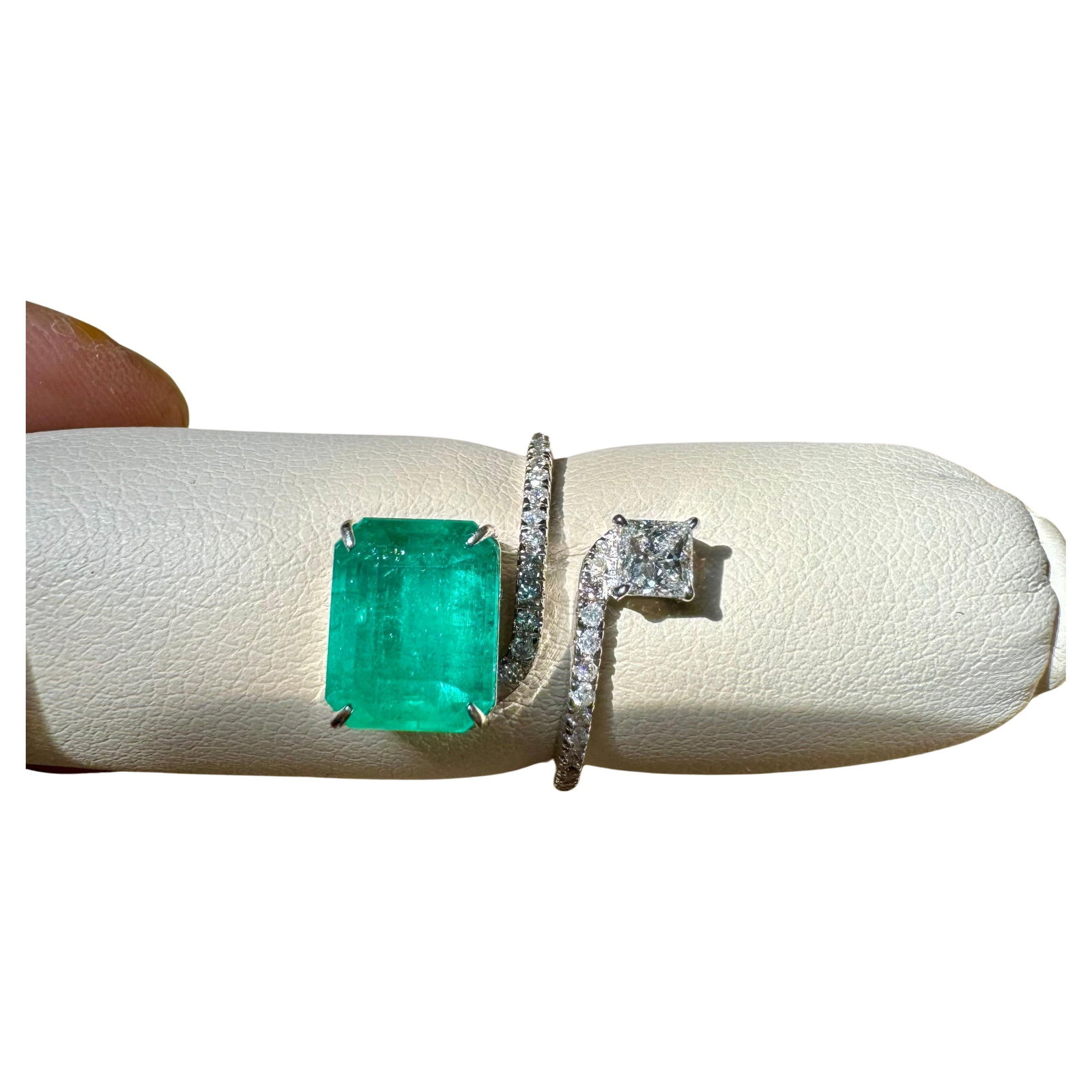 3.11 Ct Emerald Cut Emerald & 0.49 Ct Diamond Bypass Ring in 18 Kt Gold Size 6 - 17