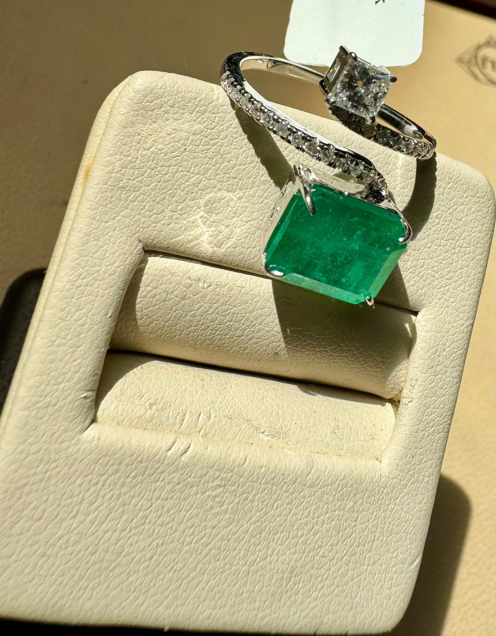 3.11 Ct Emerald Cut Emerald & 0.49 Ct Diamond Bypass Ring in 18 Kt Gold Size 6 - 2