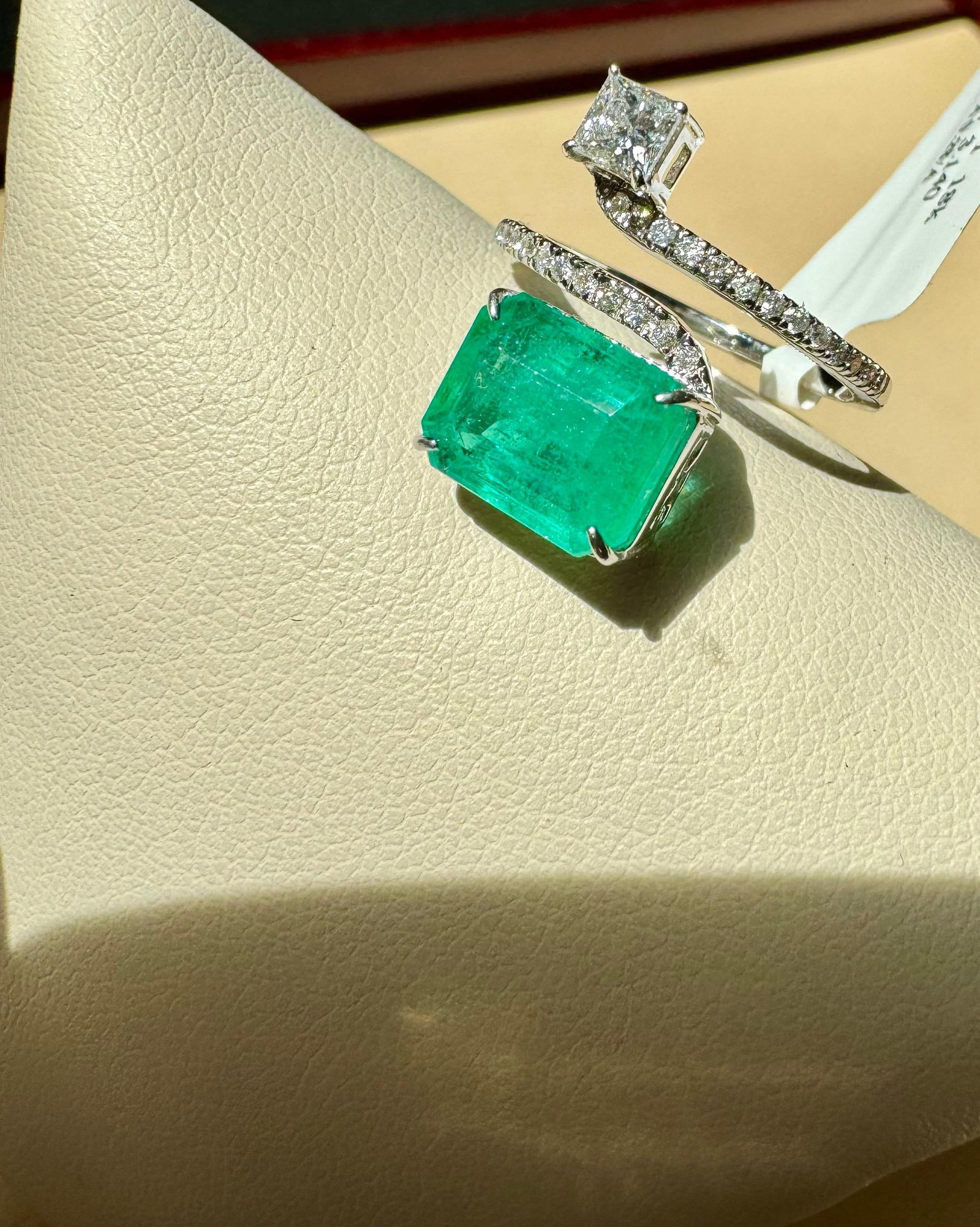 3.11 Ct Emerald Cut Emerald & 0.49 Ct Diamond Bypass Ring in 18 Kt Gold Size 6 - 3