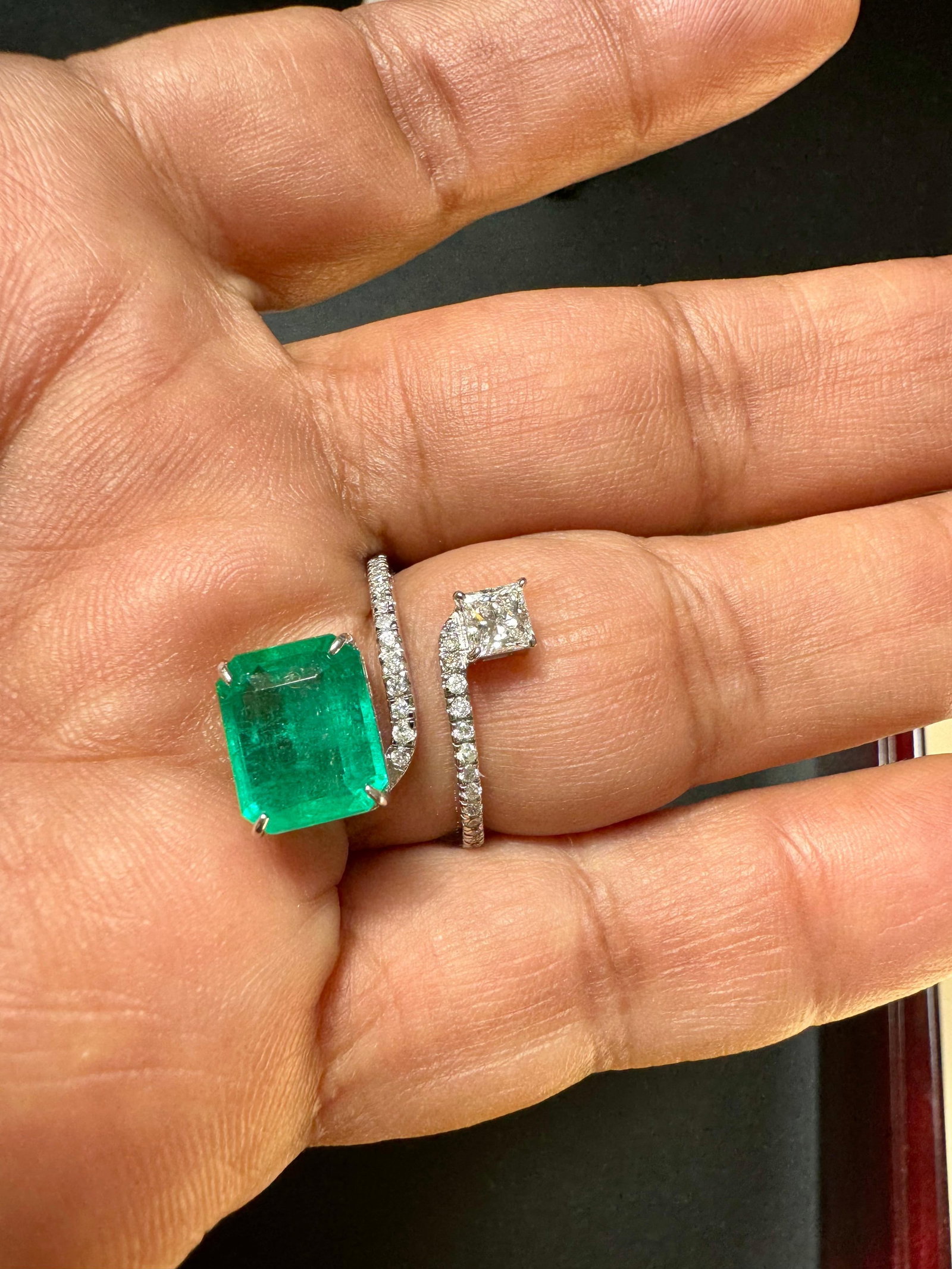 3.11 Ct Emerald Cut Emerald & 0.49 Ct Diamond Bypass Ring in 18 Kt Gold Size 6 - 4