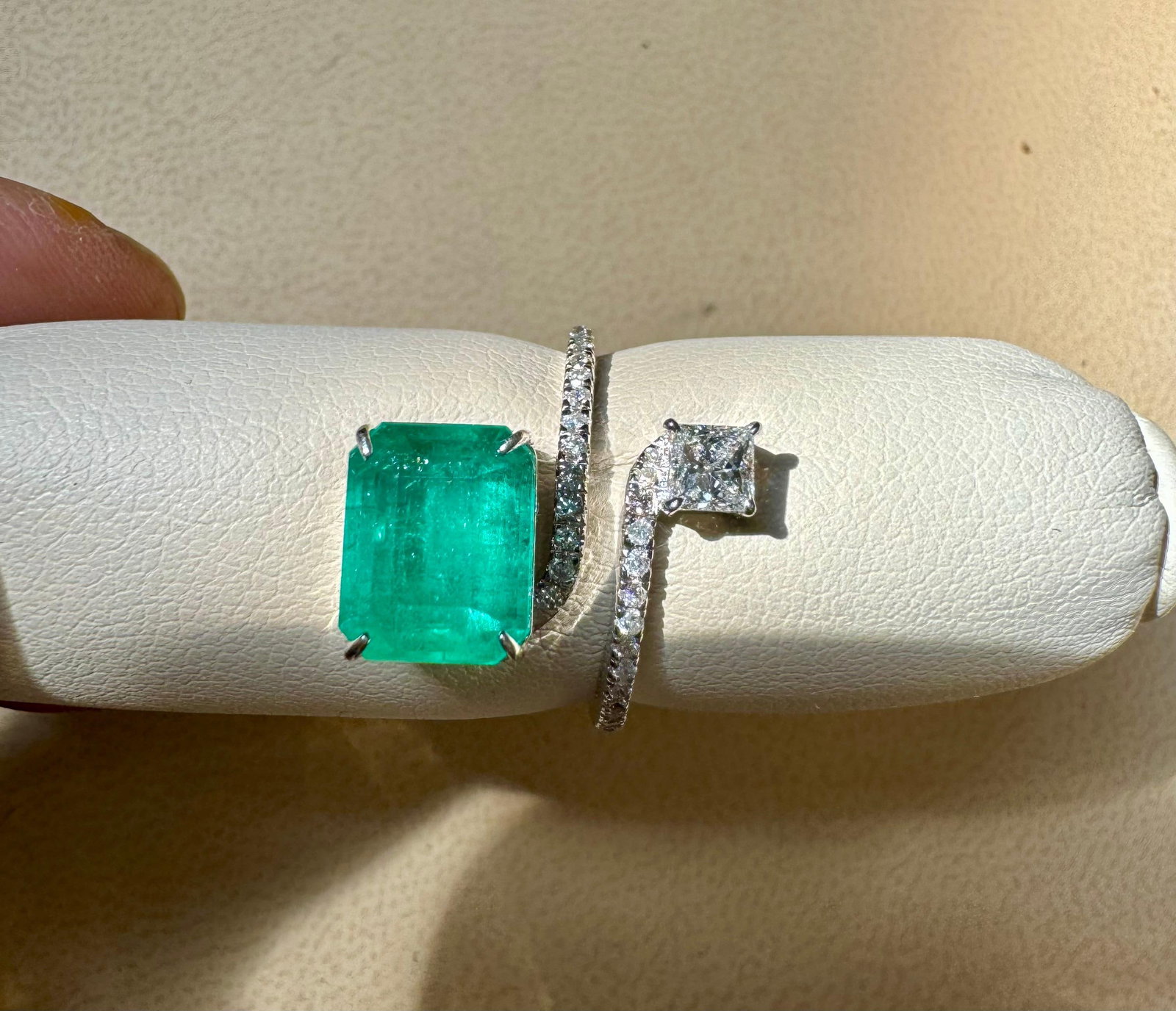 3.11 Ct Emerald Cut Emerald & 0.49 Ct Diamond Bypass Ring in 18 Kt Gold Size 6 - 6