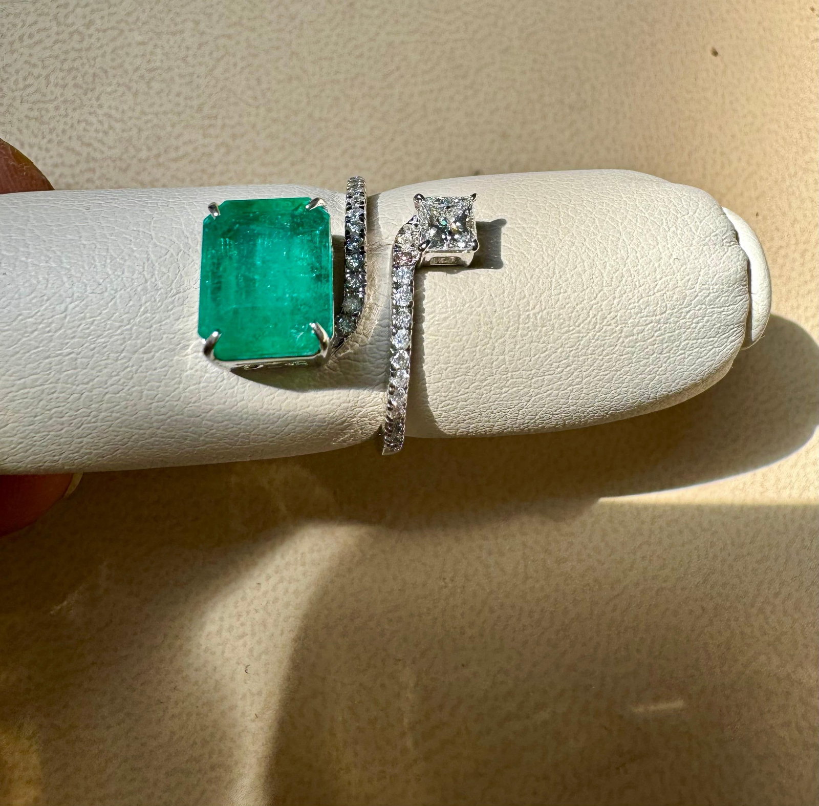 3.11 Ct Emerald Cut Emerald & 0.49 Ct Diamond Bypass Ring in 18 Kt Gold Size 6 - 7