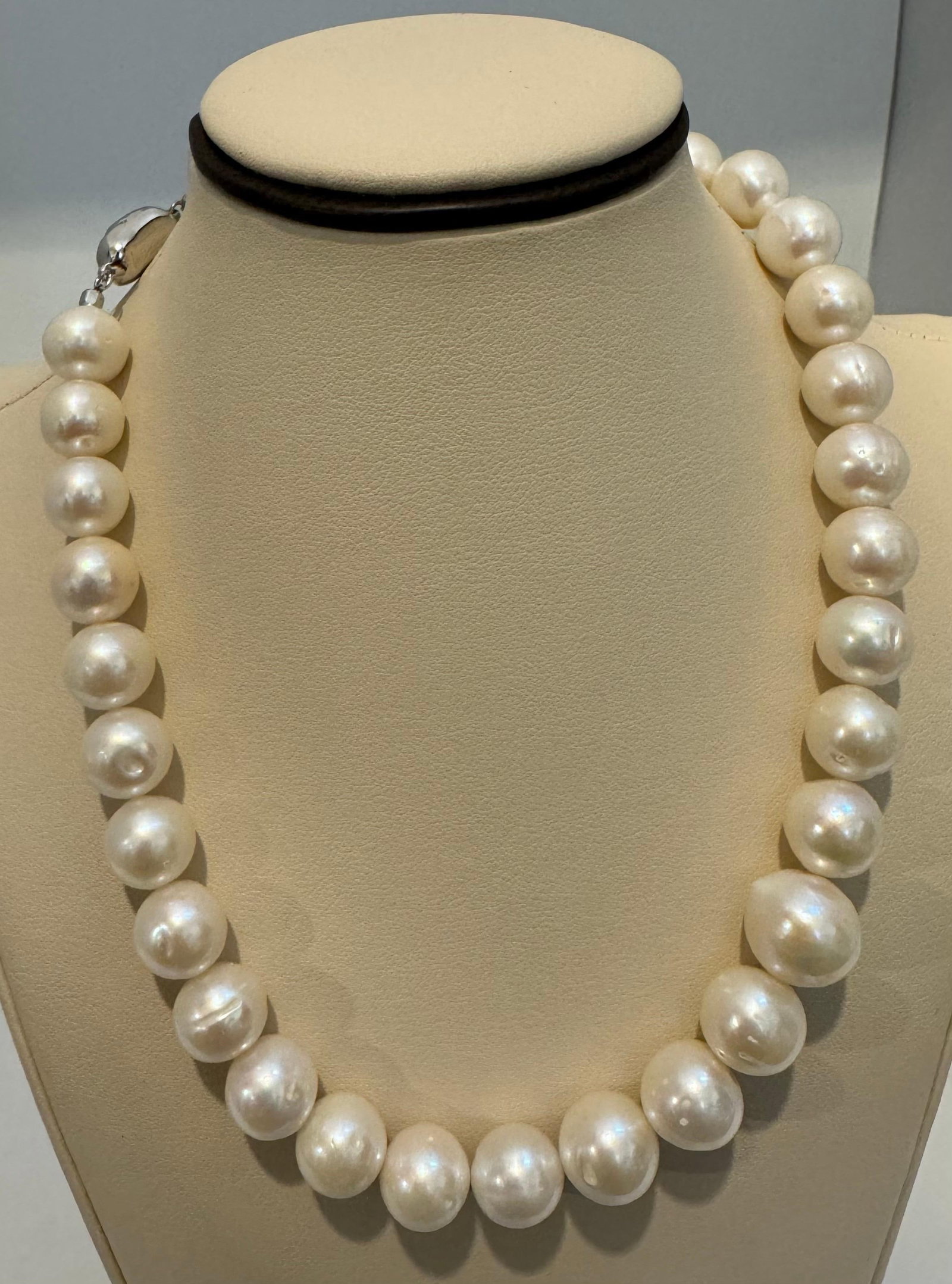 34 Round White Fresh Water Pearls Strand Necklace Set in Silver Clasp, 16 Inch - 3