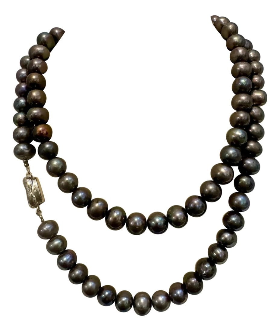 Fresh Black Water Round Pearl Single Strand Necklace, Opera Length, Silver Clasp (1 of 18)