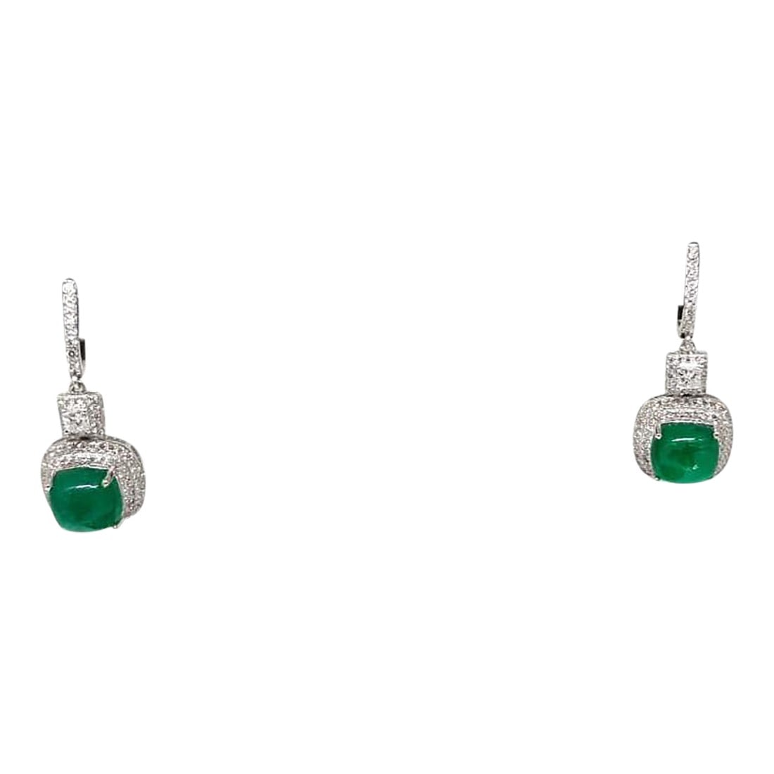 Natural Zambian Emerald Caboshan 8.42 Carats and Diamonds 1.54 Carats /14k Gold, A Pair: Emerald caboshans : 8.42 carats Diamonds : 1.54carats Gold : 6.113 (14k) Emerald caboshans are of very high quality and very good quality diamonds Its very hard to capture the true color and luster