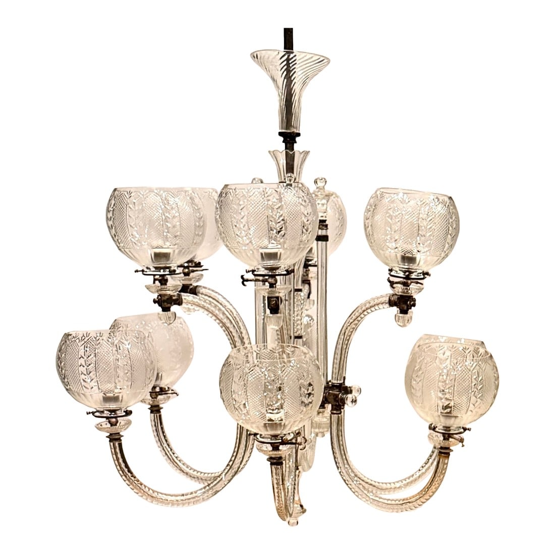 Early 20th Century Exquisite F. & C. Osler Style 12-Light Cut-Glass Chandelier: A superb example in the style of late-19th-century English glassmaking, this 12-light gasolier attributed to F. & C. Osler showcases the refined workmanship and elegant proportions for which the firm 