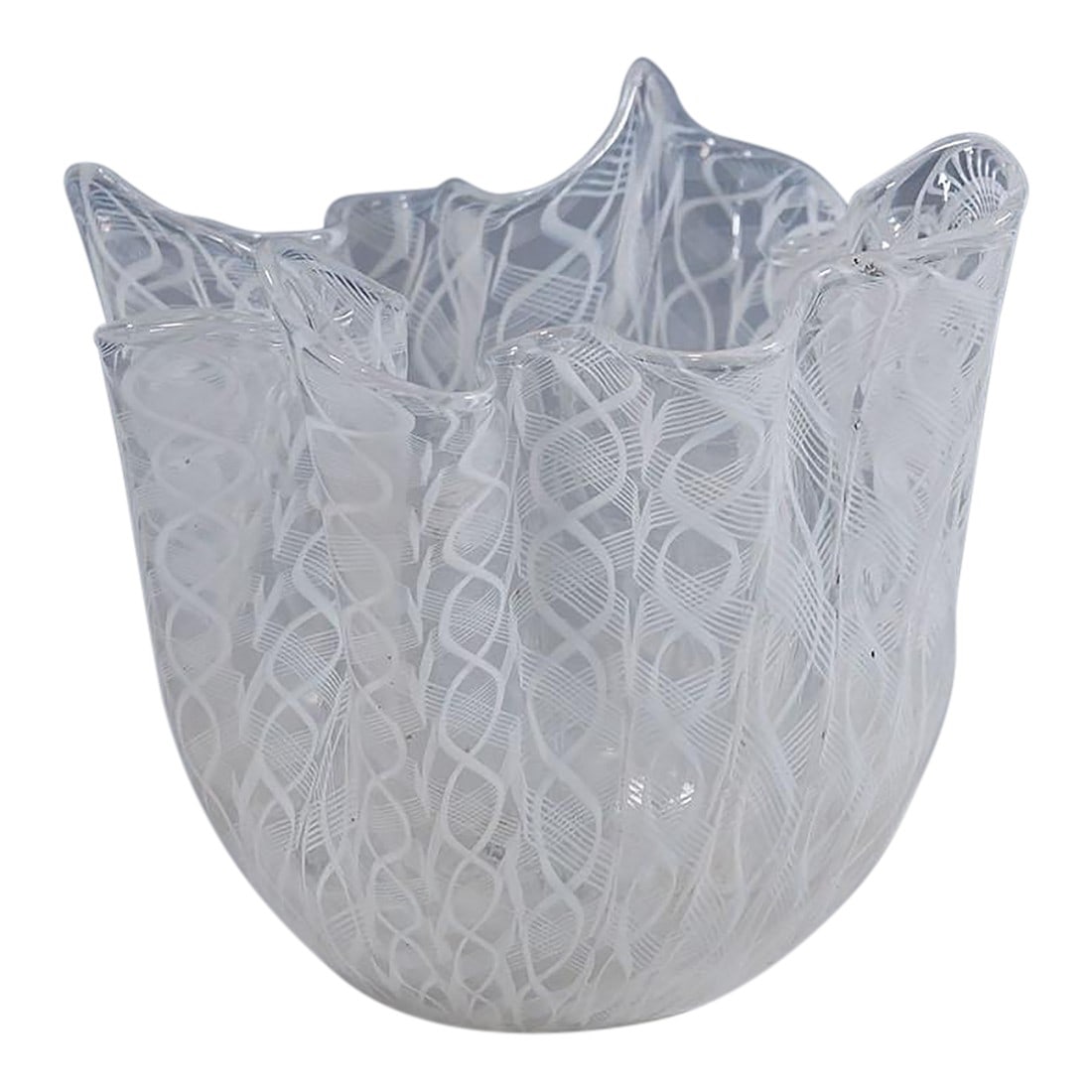 Fazzoletto Zanfirico Vase by Fulvio Bianconi for Venini, Venice Murano 1950s: Fazzoletto Zanfirico Vase by Fulvio Bianconi for Venini, Venice Murano 1950s A rare Fazzoletto (handkerchief) vase in transparent glass with turned white rod decorations called 'Lattimo Zanfirico'.