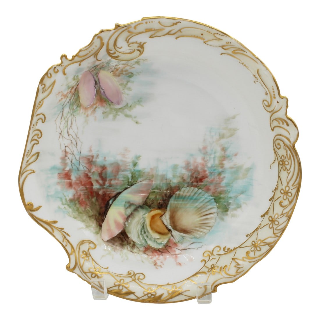 1891-1911 French Limoges Porcelain Shell Form Bowl: 1891-1911 French Limoges porcelain shell form bowl. By A.A. Rose. Elite Limoges France marks. Exceptionally elegant, note the pâte-sur-pâte sweeping gently across creating the effect of