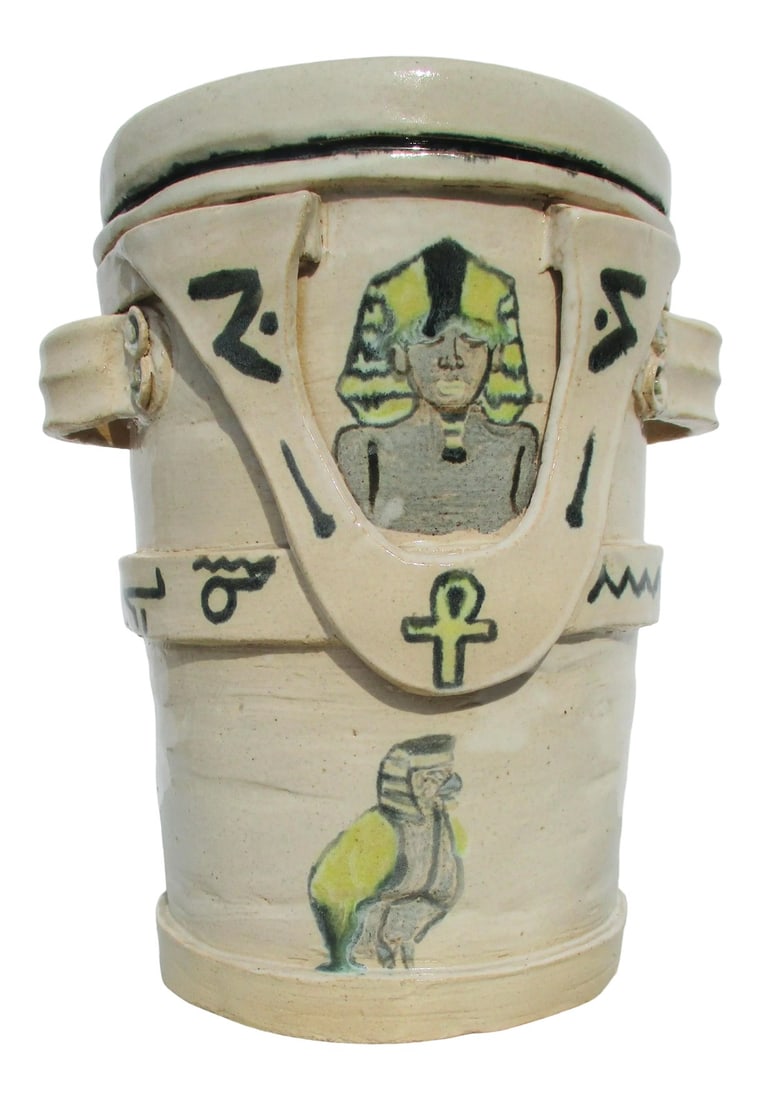 Ceramic Ice Bucket in Egypto-Hollywood Vintage 70s': Handmade and coil built body in very thick coils of clay. Handmade central cylinder with enriched details of old-fashioned fireman's bucket or foundry crucible. To further the invention of the form an