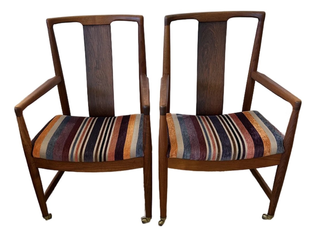 John Stuart Mid Century Modern Teak Armchairs - A Pair: Classic pair of mid century modern John Stuart armchairs beautifully made in teak with slat backs and raised velvet striped seats. One seat has a stain, but we have enough extra material to send