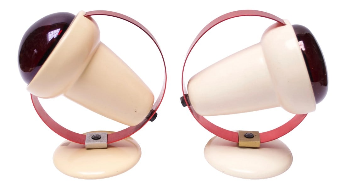 Set of "Infraphil" Heat Lamps / Sconces by Charlotte Perriand for Philips: Set of two "Infraphil" heat table lamps / sconces by Charlotte Perriand for Philips (Netherlands, 1950s). Composed of enameled metal bases (one beige and the other cream) with red brushed aluminums