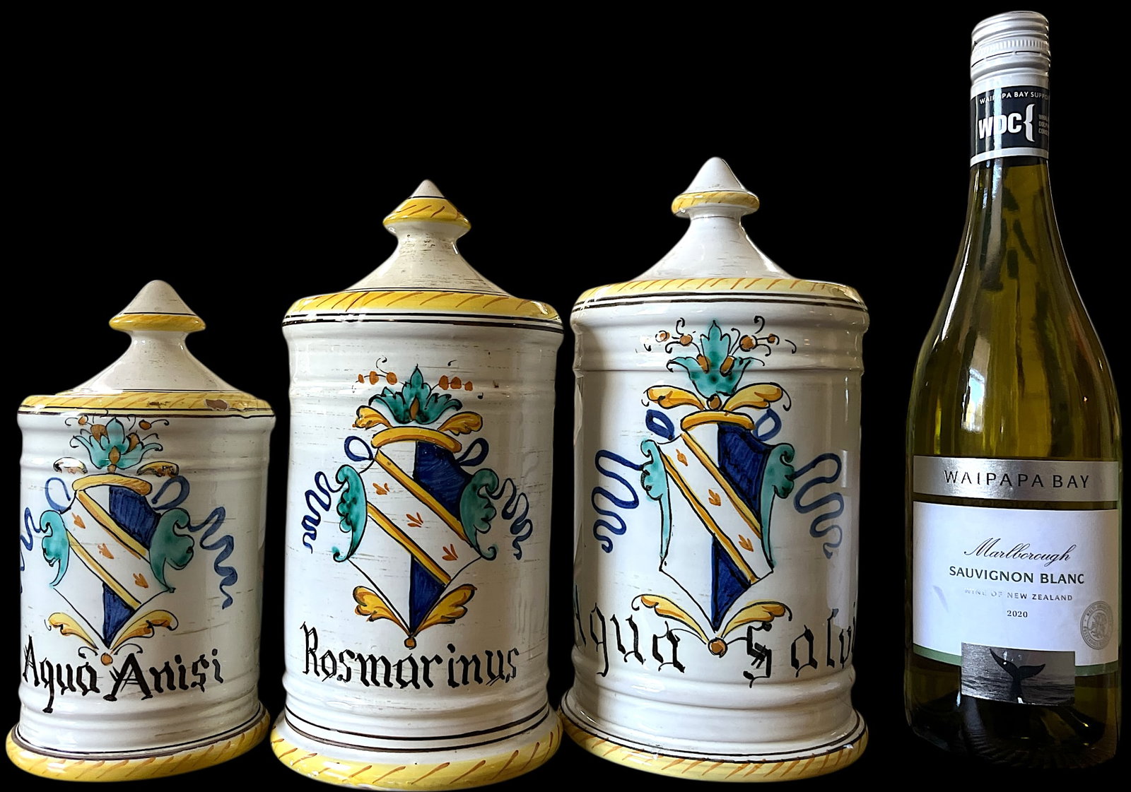 1960s Set of 3 Italian Majolica Apothecary Jars – Aqua Anisi, Rosmarinus & Aqua Salvia - 2