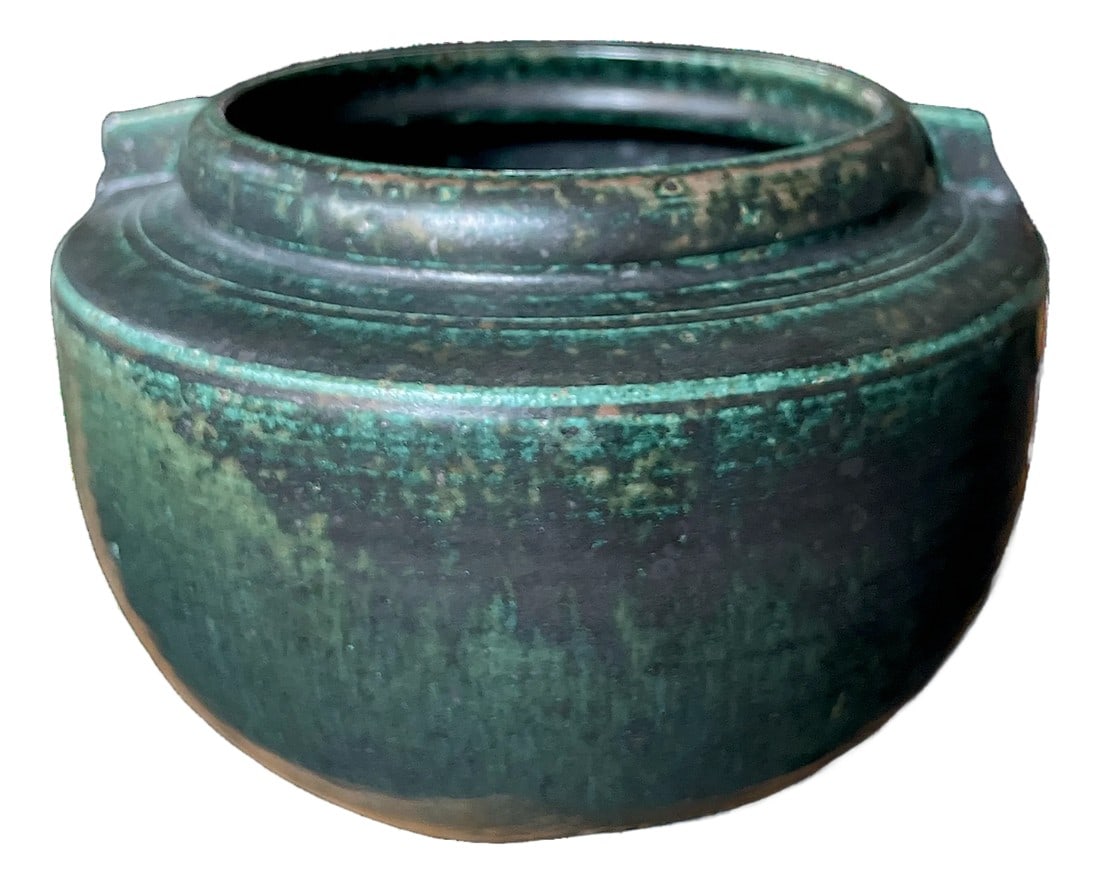 Signed Hand-Thrown Studio Pottery Vase With Verdigris Glaze | Brutalist / Axel Salto–Inspired: Powerful hand-thrown earthenware vase with a deeply textured verdigris-style glaze, strongly evocative of oxidized bronze and aged copper. The surface is richly mottled in dark green, teal, and moss t