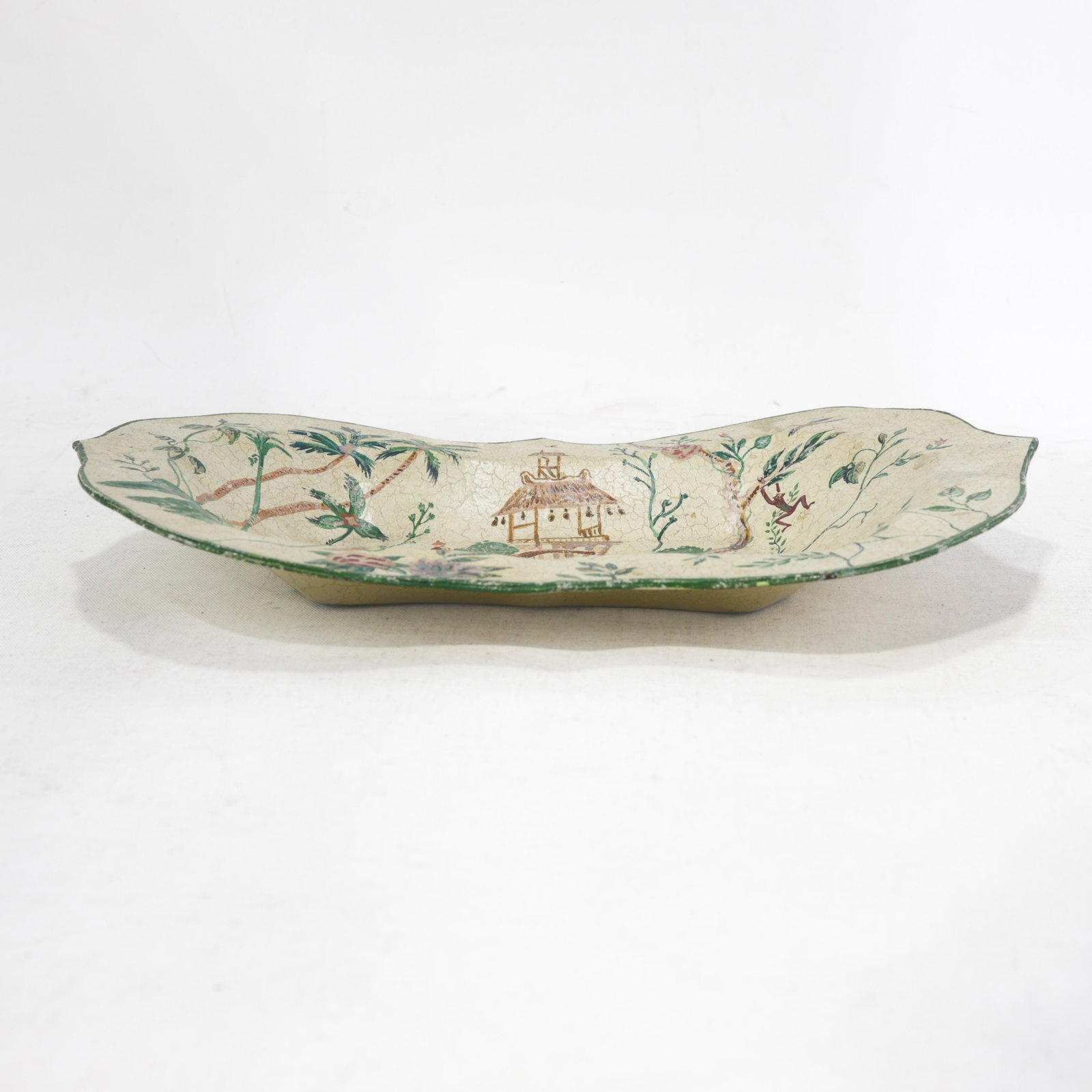 Vintage Scalloped Decorative Tray With Hand-Painted Elephant and Jungle Motif - 3