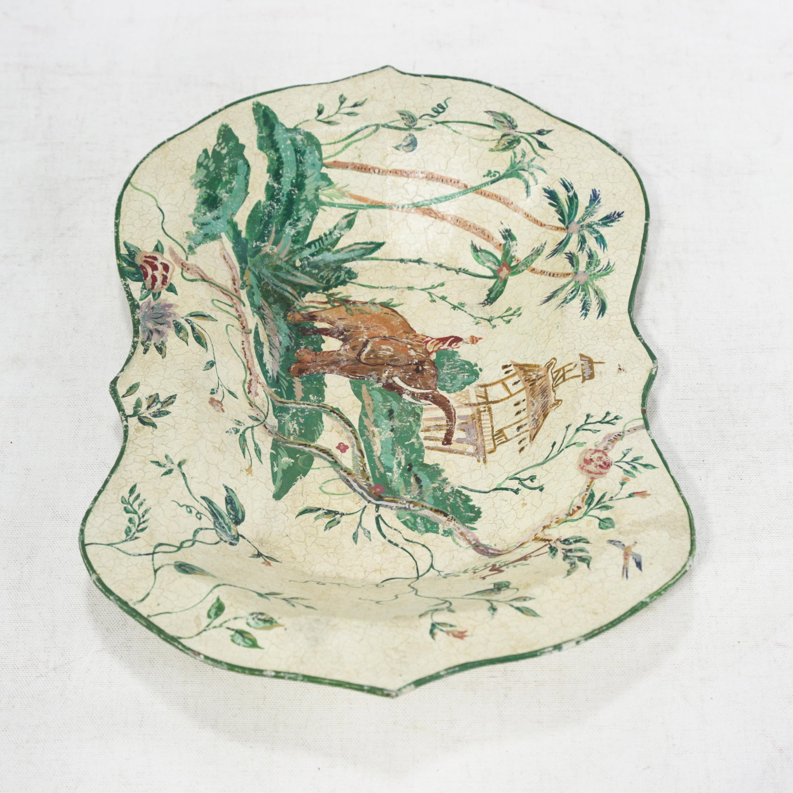 Vintage Scalloped Decorative Tray With Hand-Painted Elephant and Jungle Motif - 4