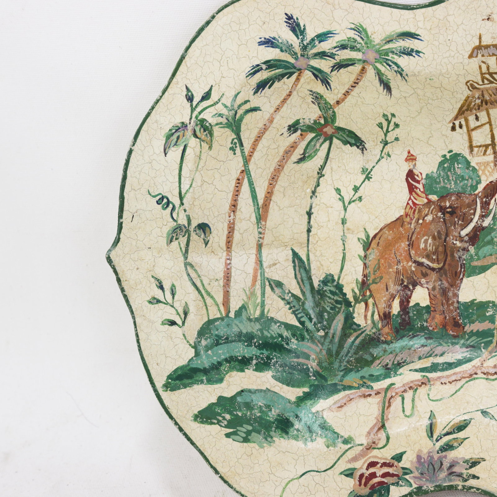 Vintage Scalloped Decorative Tray With Hand-Painted Elephant and Jungle Motif - 7