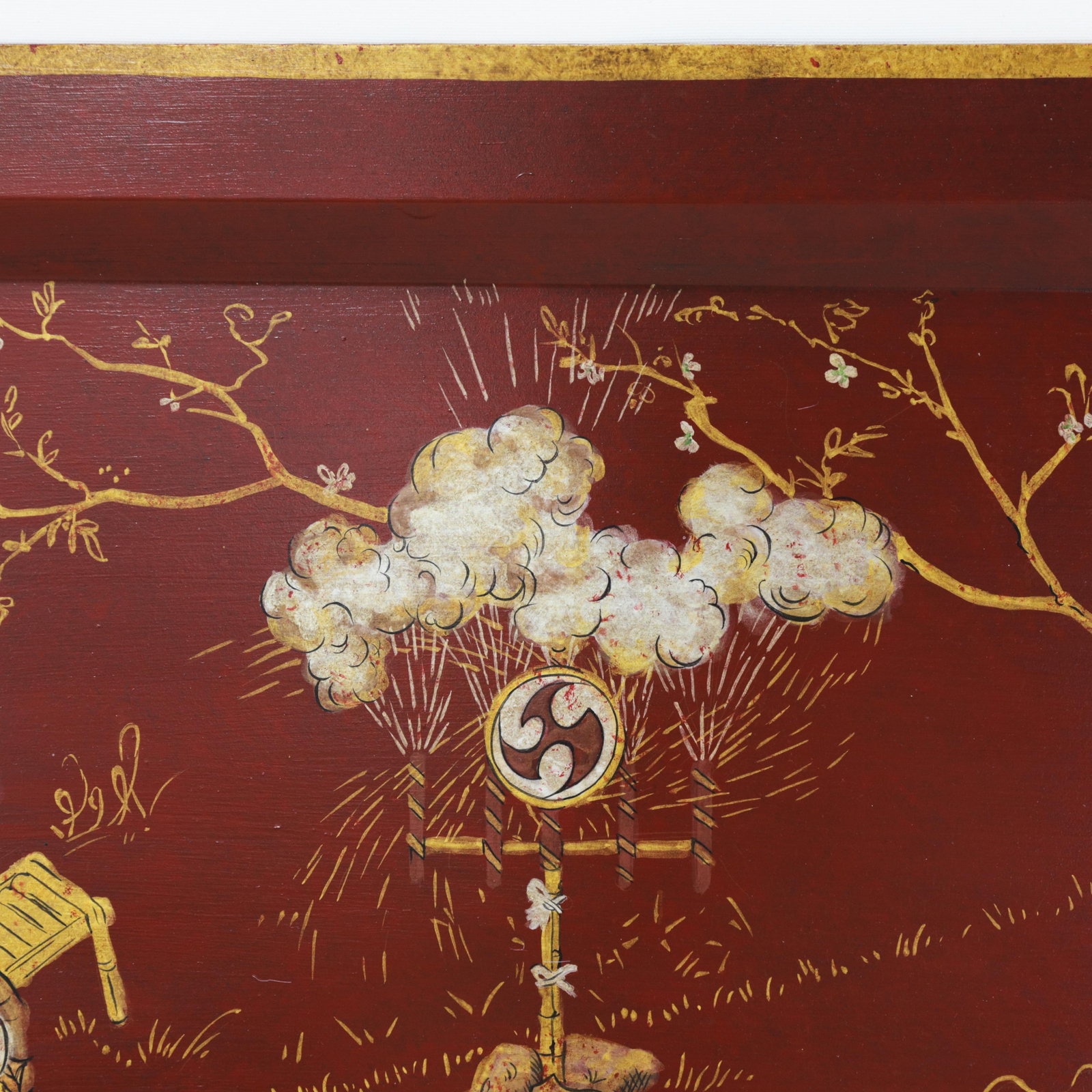 Vintage Red Lacquer Rectangular Tray With Hand Painted Gold Asian Festival Scene and Chinoiserie Sty - 10