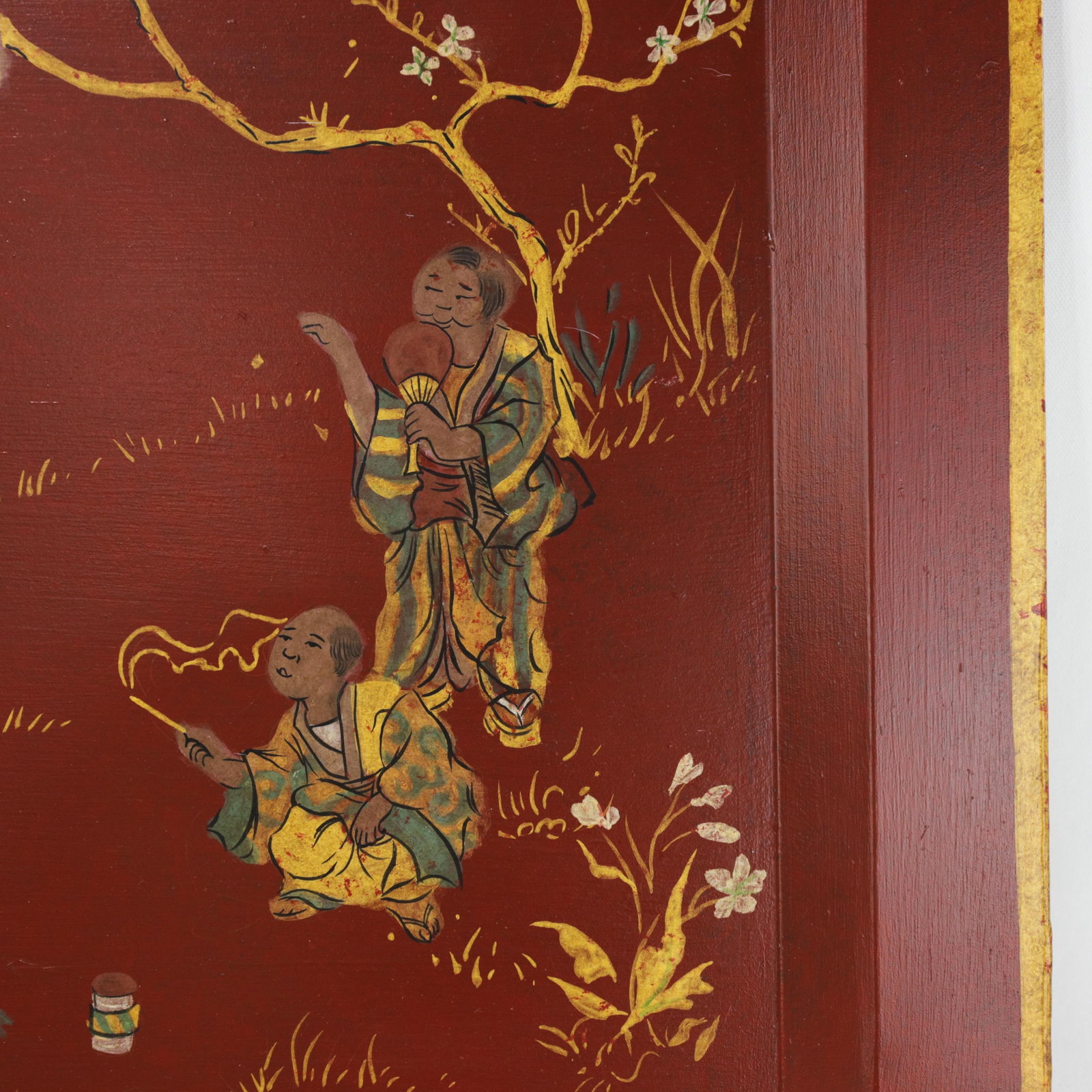 Vintage Red Lacquer Rectangular Tray With Hand Painted Gold Asian Festival Scene and Chinoiserie Sty - 12