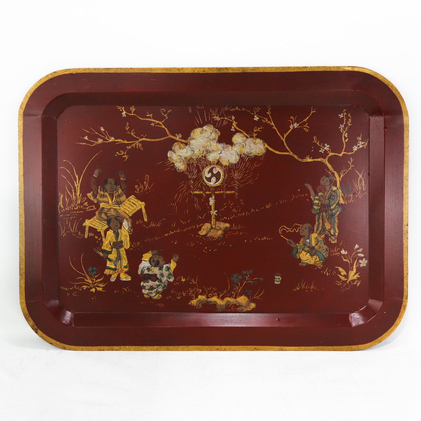 Vintage Red Lacquer Rectangular Tray With Hand Painted Gold Asian Festival Scene and Chinoiserie Sty - 13
