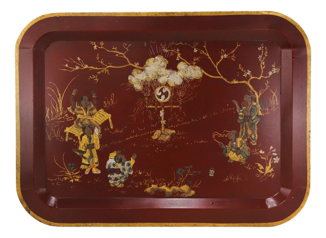 Vintage Red Lacquer Rectangular Tray With Hand Painted Gold Asian Festival Scene and Chinoiserie Sty: This striking vintage rectangular tray features a vibrant red lacquer finish and an elegant gold painted rim that perfectly captures a classic Chinoiserie aesthetic. The center is decorated with a