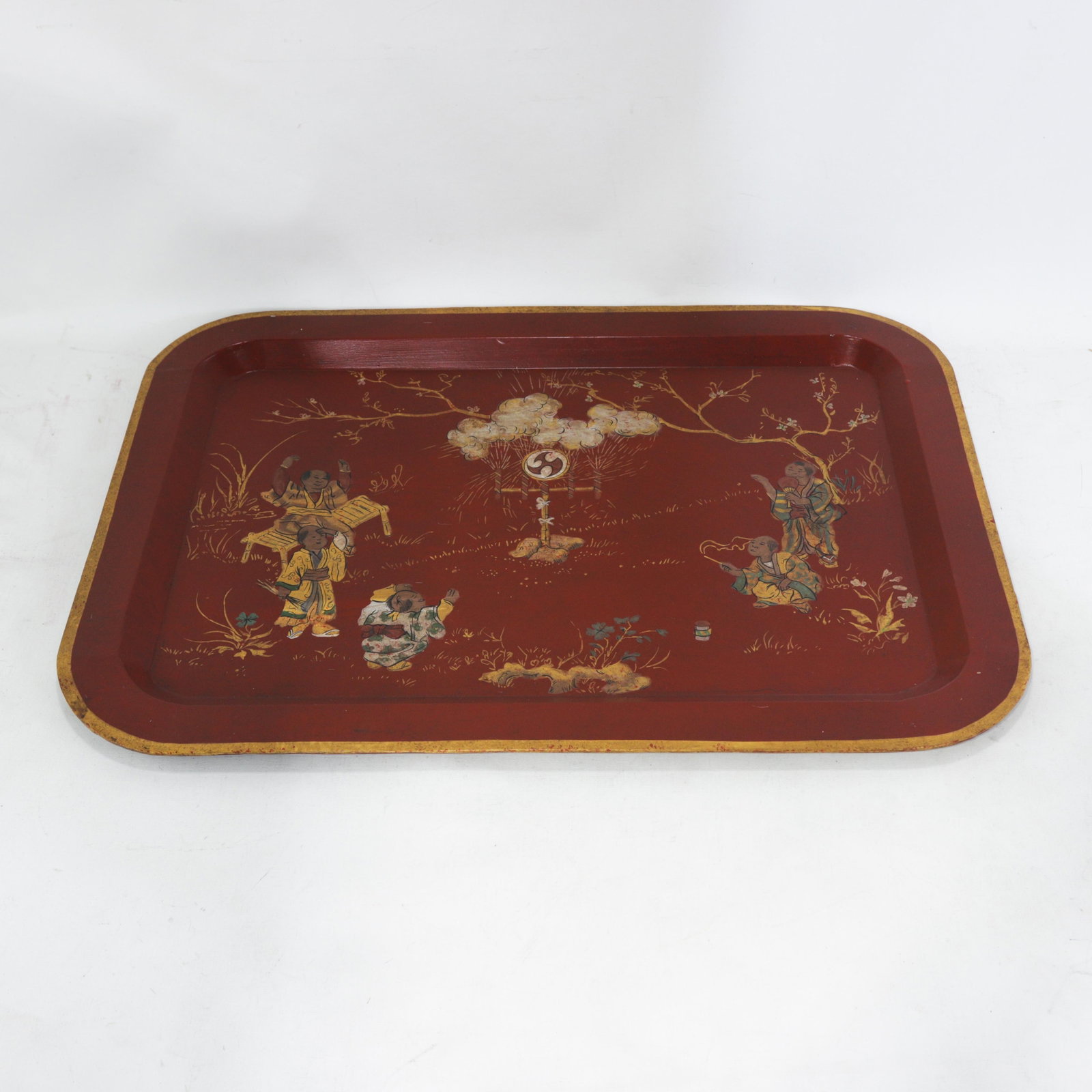 Vintage Red Lacquer Rectangular Tray With Hand Painted Gold Asian Festival Scene and Chinoiserie Sty - 2