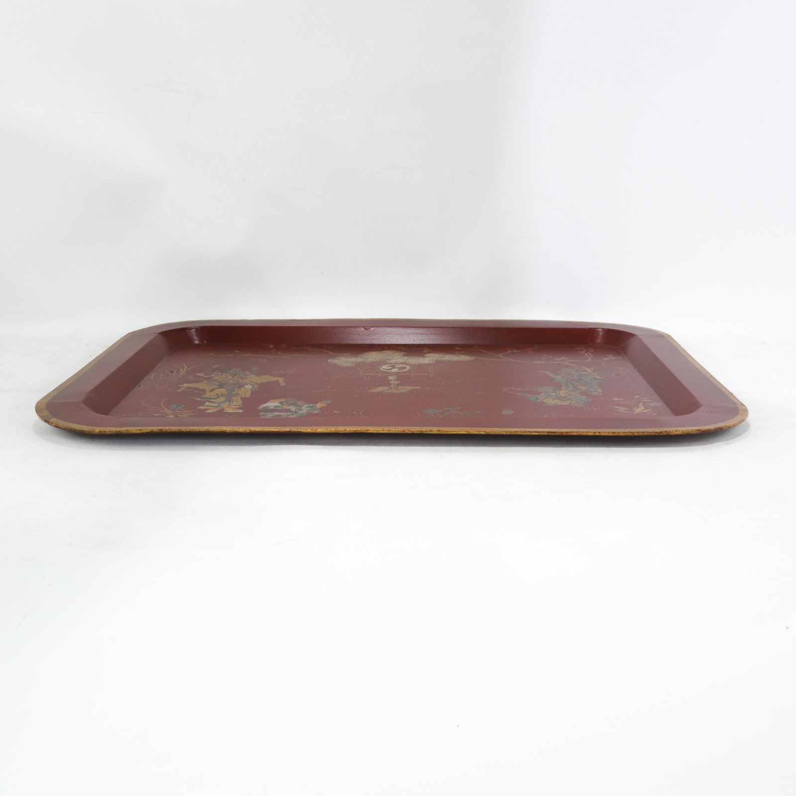 Vintage Red Lacquer Rectangular Tray With Hand Painted Gold Asian Festival Scene and Chinoiserie Sty - 3