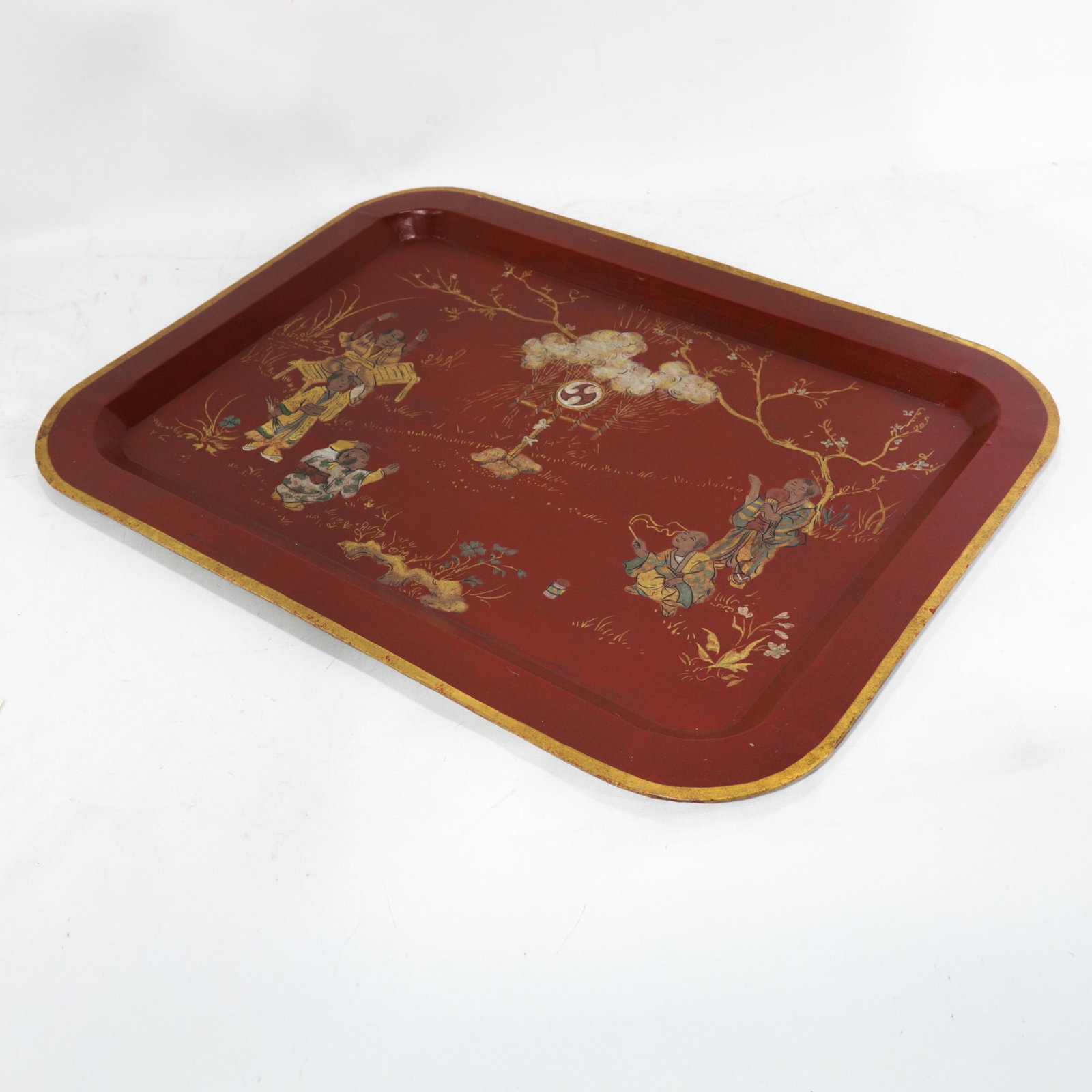 Vintage Red Lacquer Rectangular Tray With Hand Painted Gold Asian Festival Scene and Chinoiserie Sty - 4