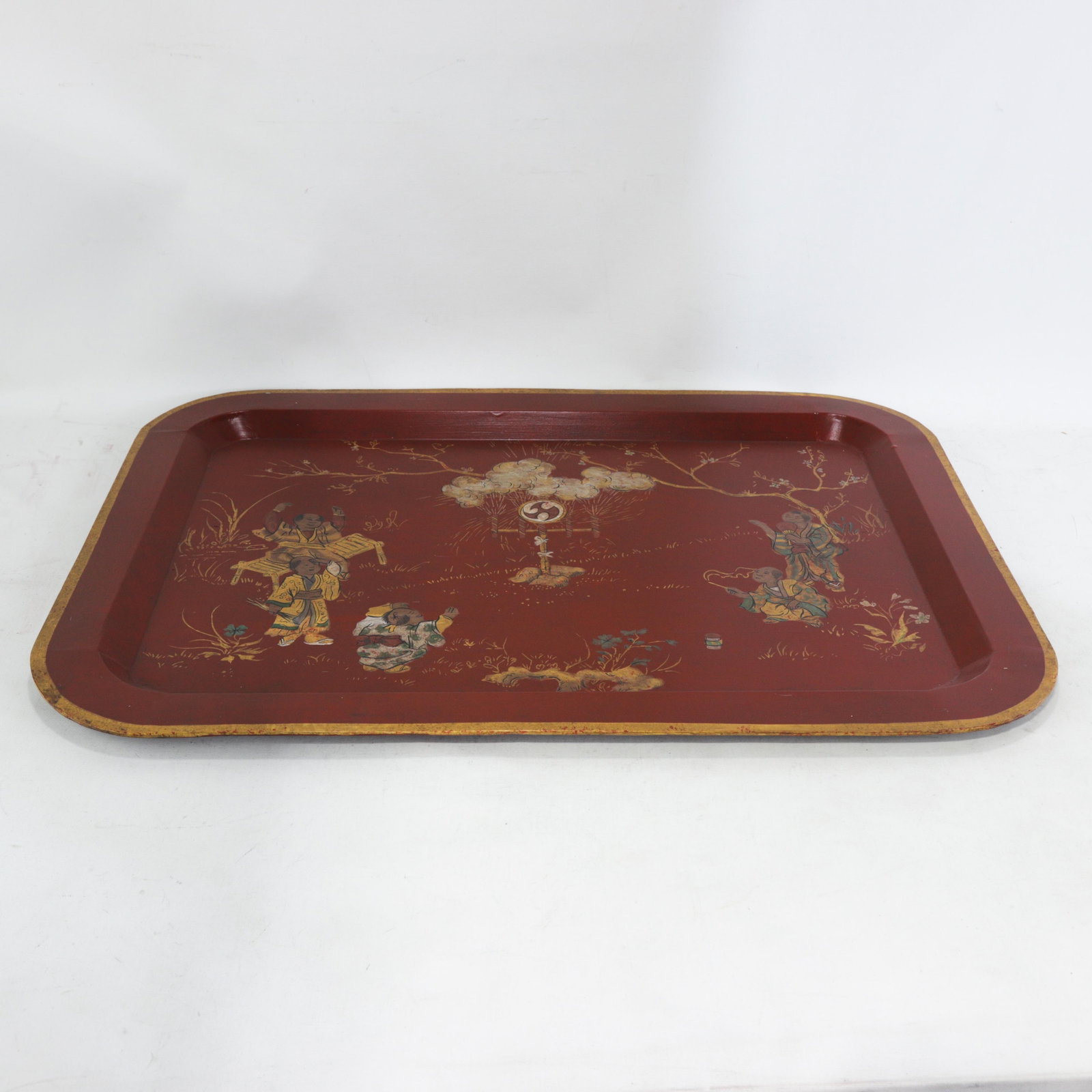 Vintage Red Lacquer Rectangular Tray With Hand Painted Gold Asian Festival Scene and Chinoiserie Sty - 6