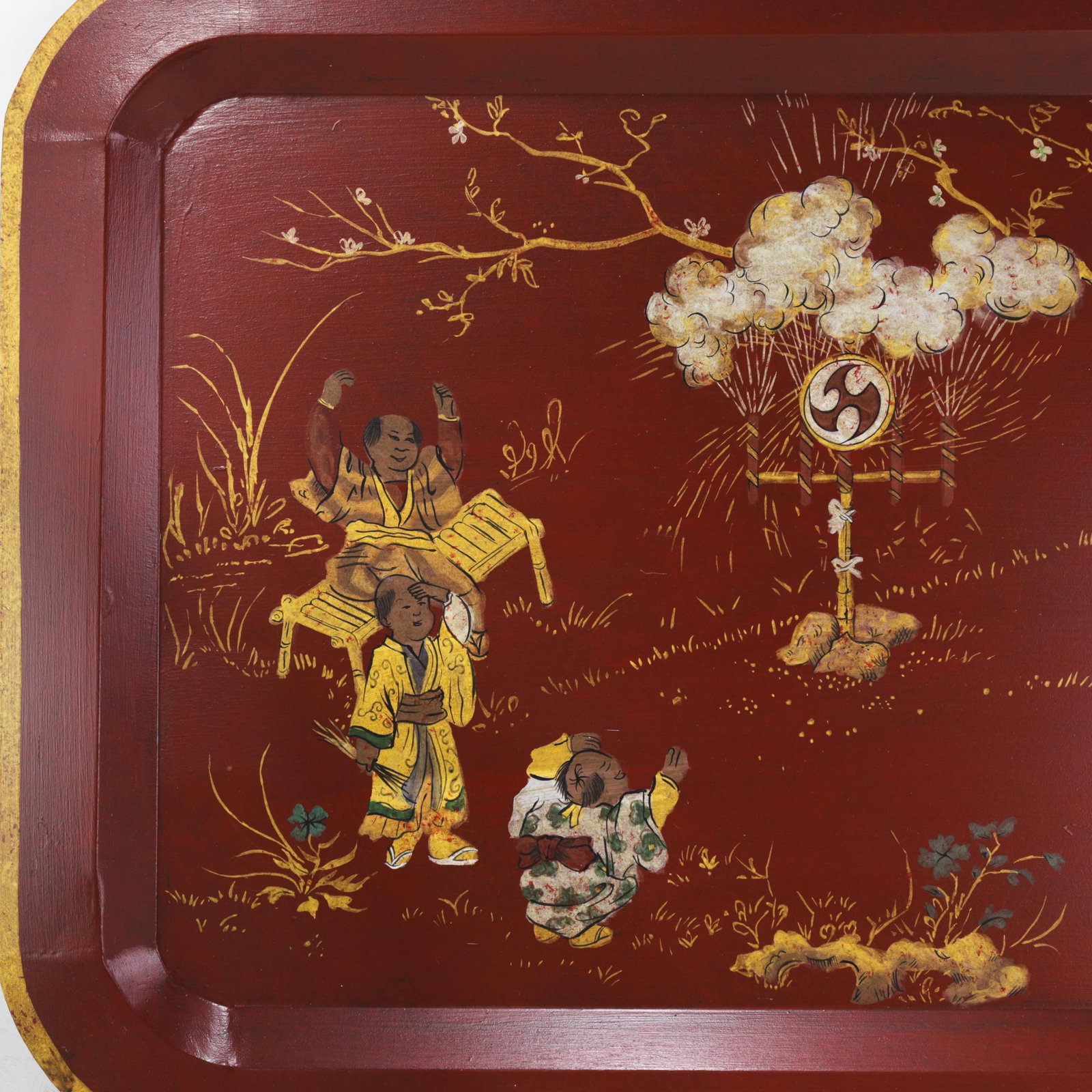 Vintage Red Lacquer Rectangular Tray With Hand Painted Gold Asian Festival Scene and Chinoiserie Sty - 7
