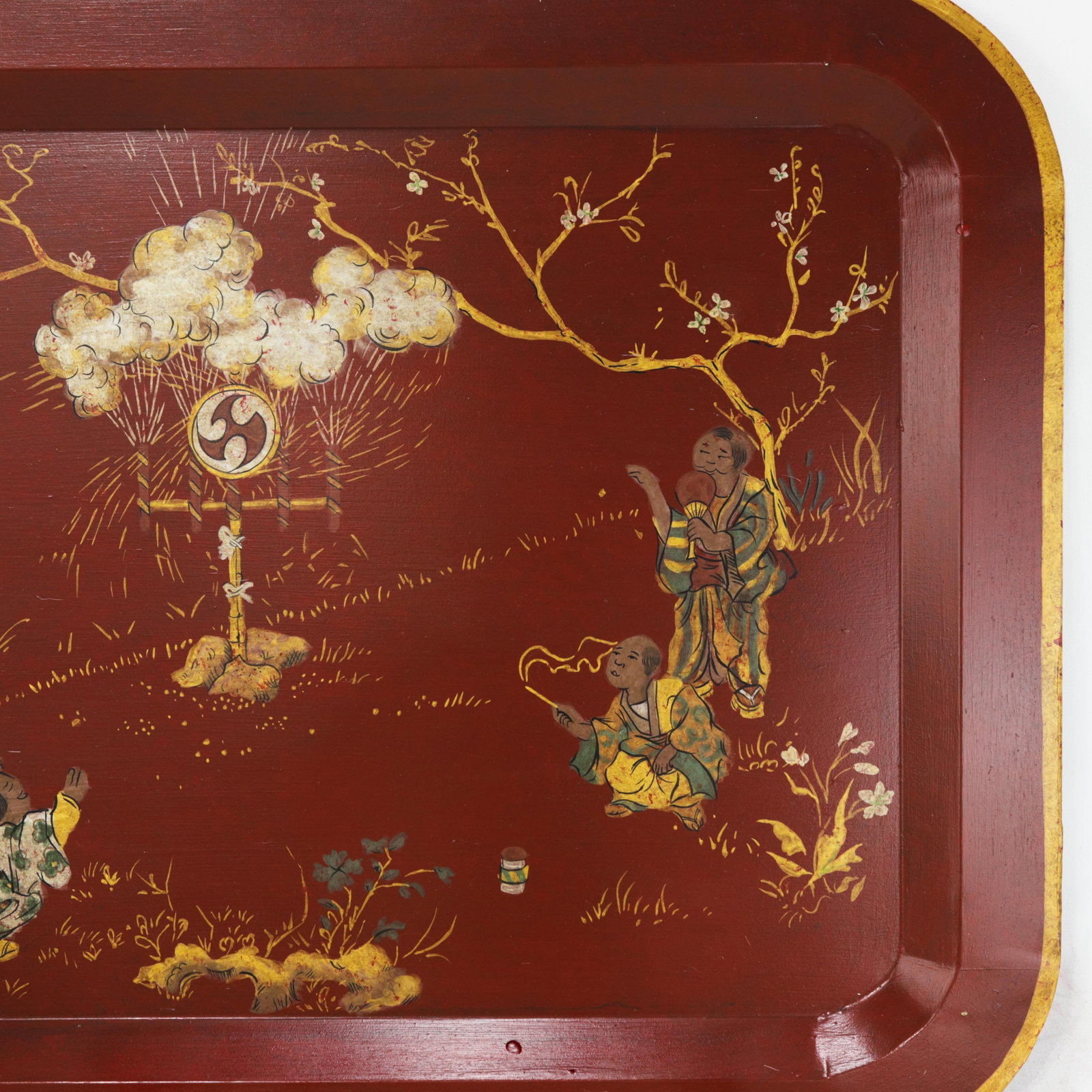 Vintage Red Lacquer Rectangular Tray With Hand Painted Gold Asian Festival Scene and Chinoiserie Sty - 8