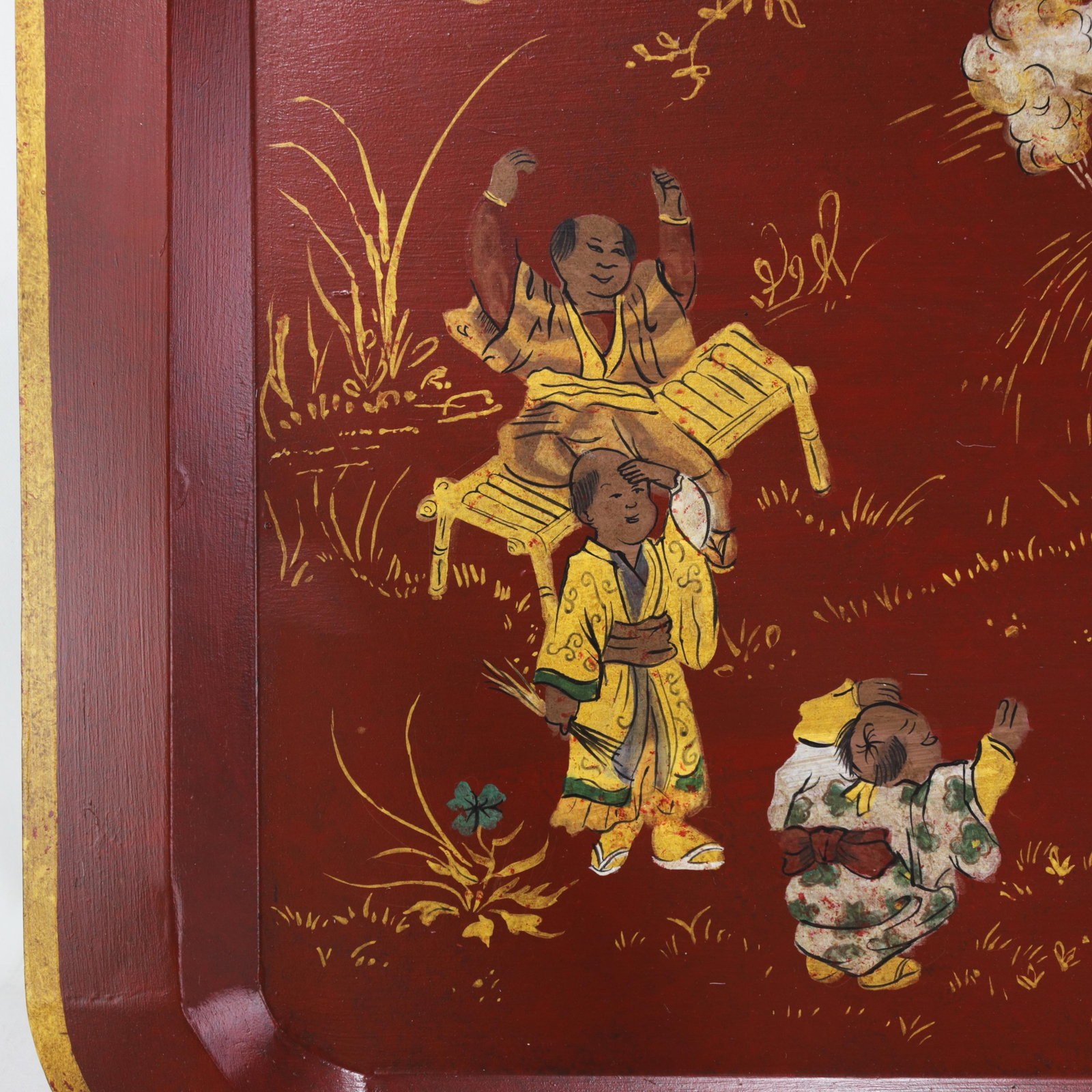 Vintage Red Lacquer Rectangular Tray With Hand Painted Gold Asian Festival Scene and Chinoiserie Sty - 9
