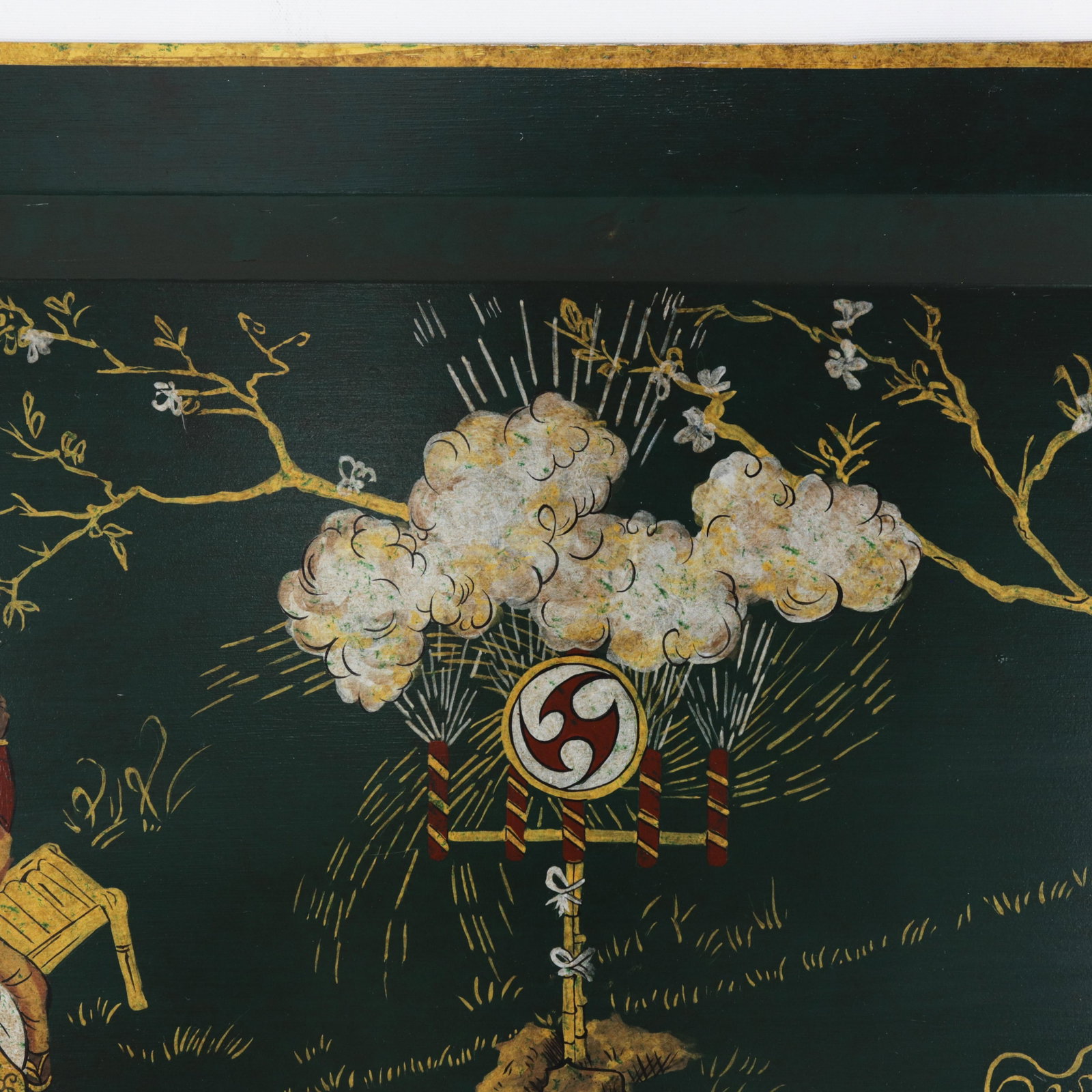 Vintage Dark Green Lacquer Rectangular Tray With Hand Painted Gold Asian Festival Scene and Chinoise - 10